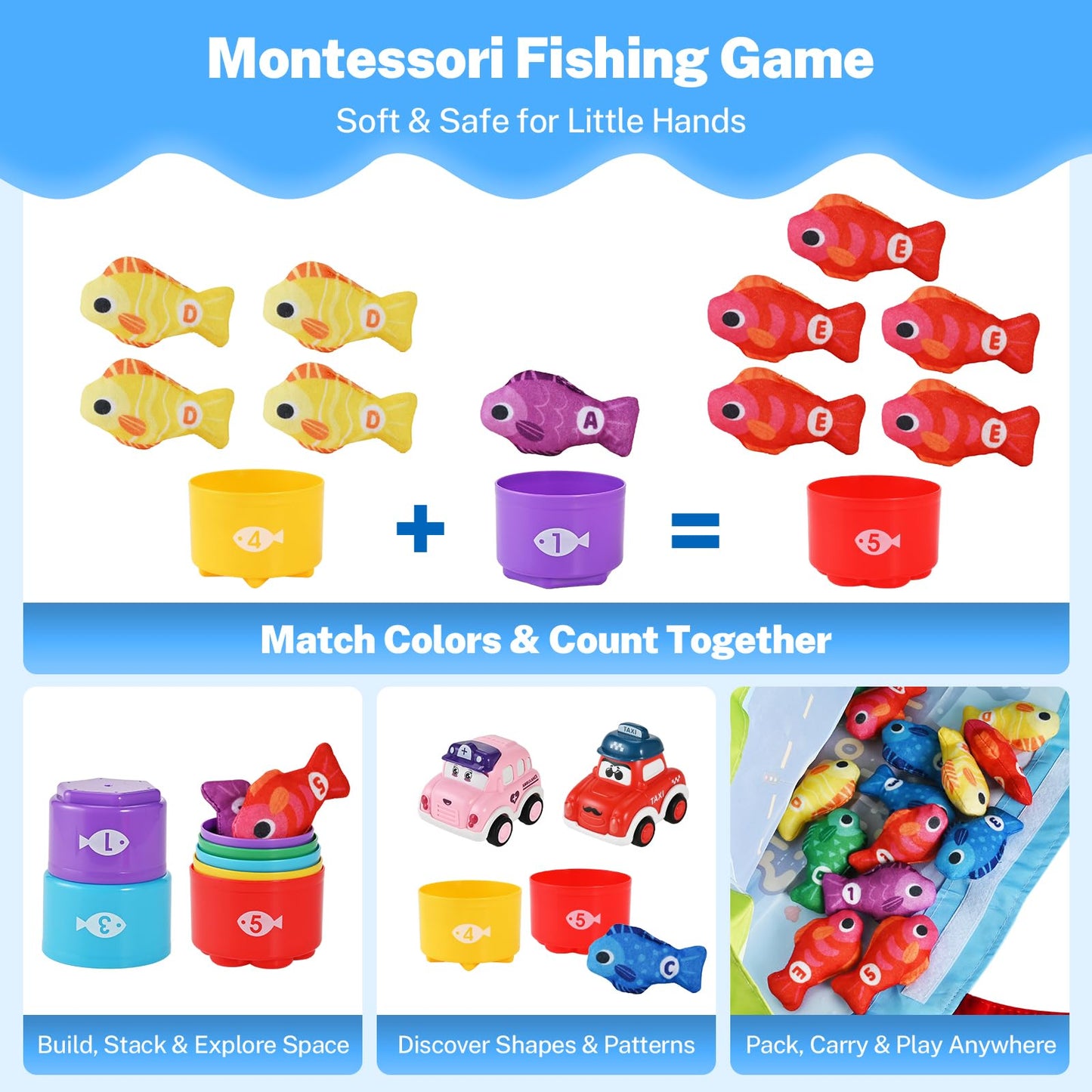 Goldge 2-in-1 Montessori Toys for 1 Year Old – Fishing Game, Stacking Cups & Pull-Back Cars