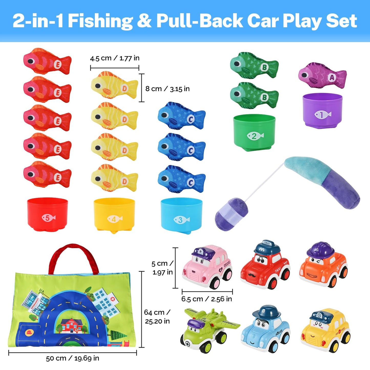 Goldge 2-in-1 Montessori Toys for 1 Year Old – Fishing Game, Stacking Cups & Pull-Back Cars