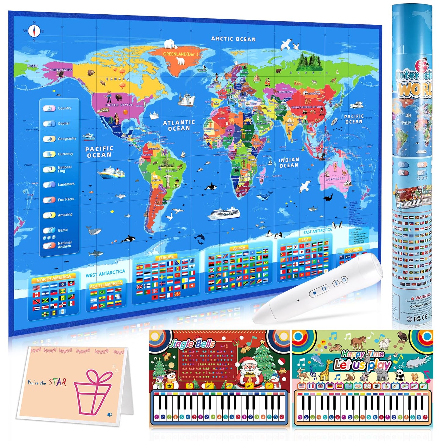 Goldge Interactive World Map for Kids – Talking Pen, Music Card & Recordable Greeting Card