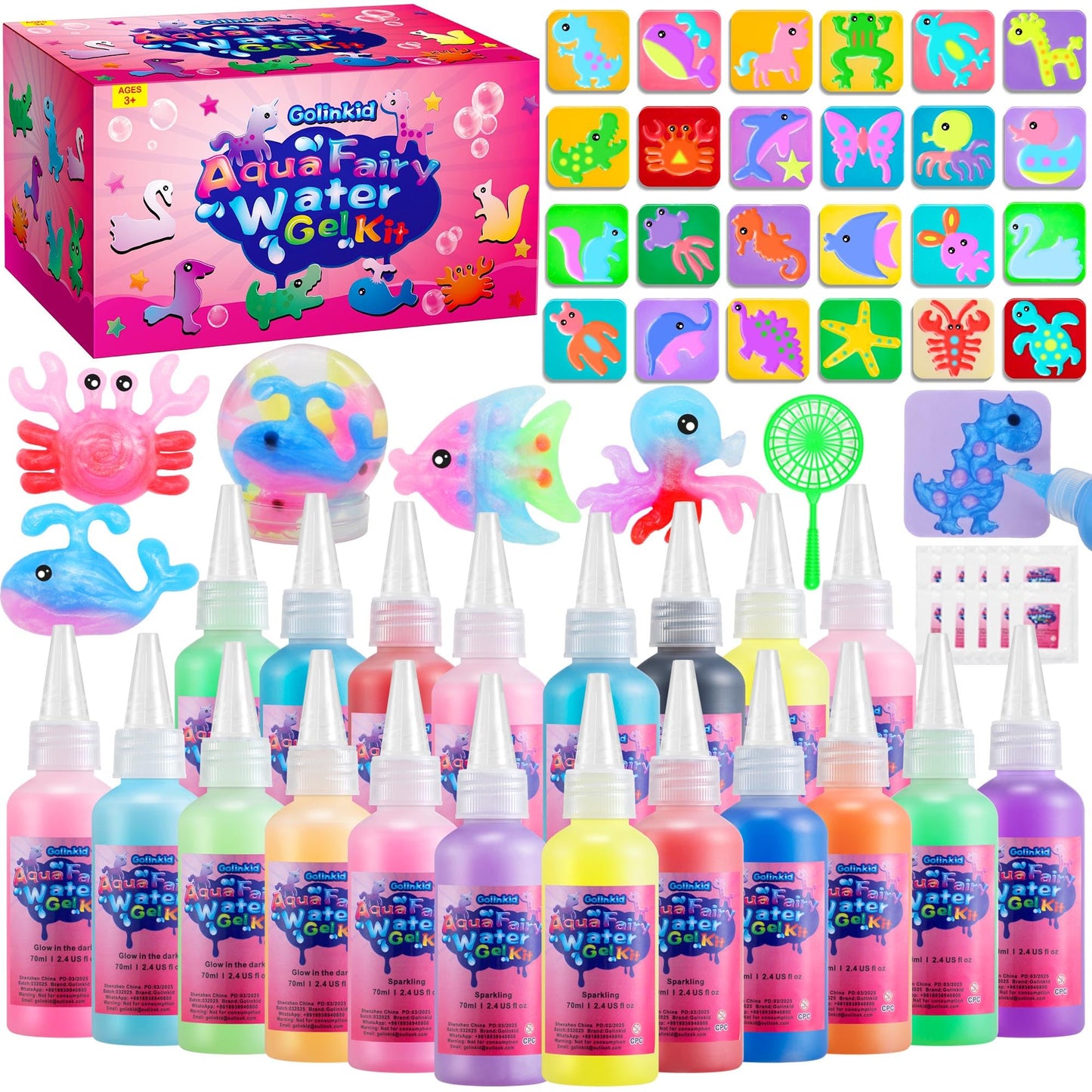 Golinkid Magic Water Elf Toy Kit – 20 Bottles, 24 Molds, Glow in the Dark Aqua Fairy Craft