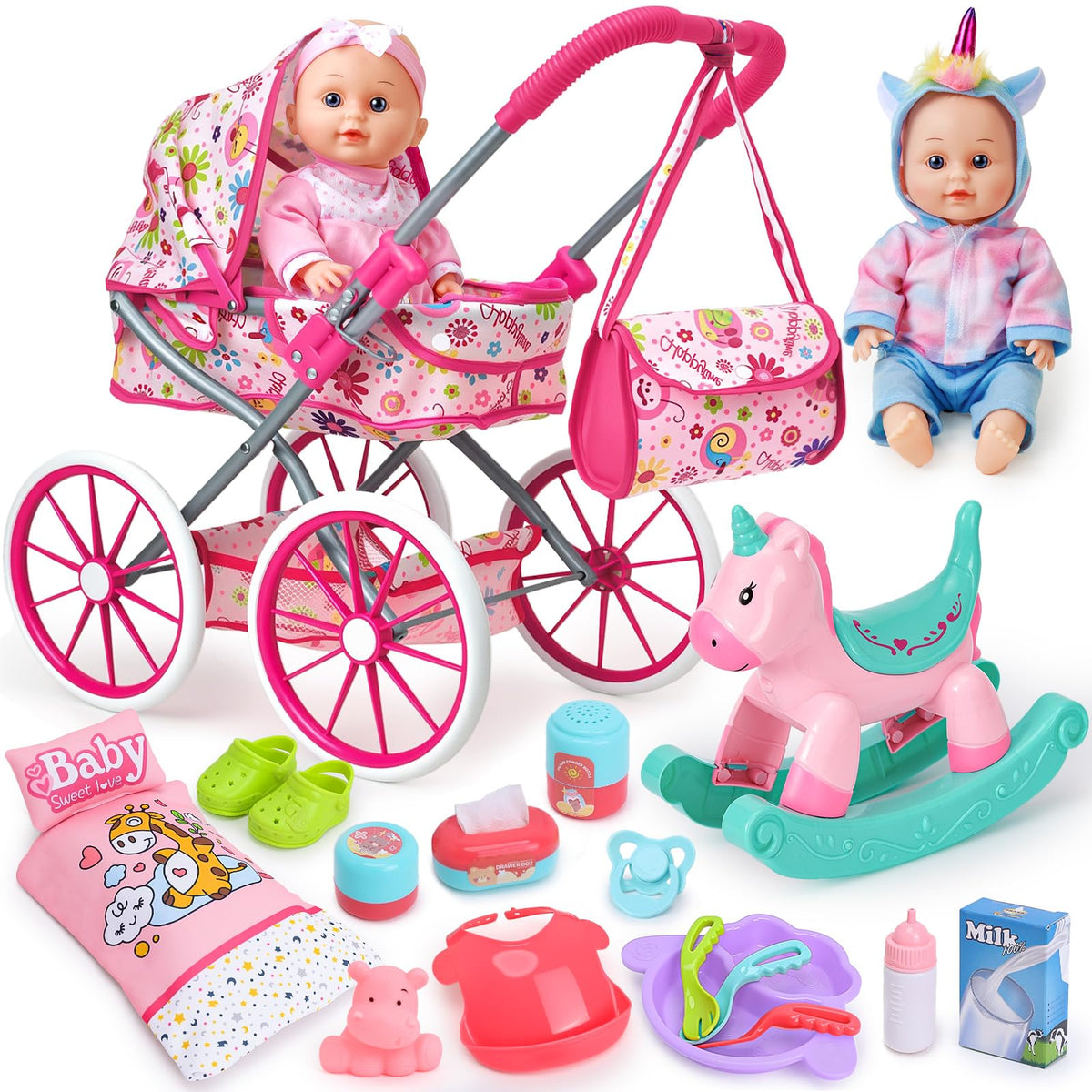 Golray 12-In Baby Doll Playset with Stroller – 26-Piece Pretend Nursery Toys for Girls 3–6