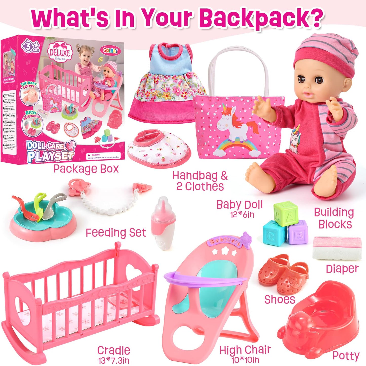 Golray 12in Girl Baby Doll Crib & High Chair Set | Sound & Pee Interactive Doll with 20 Accessories