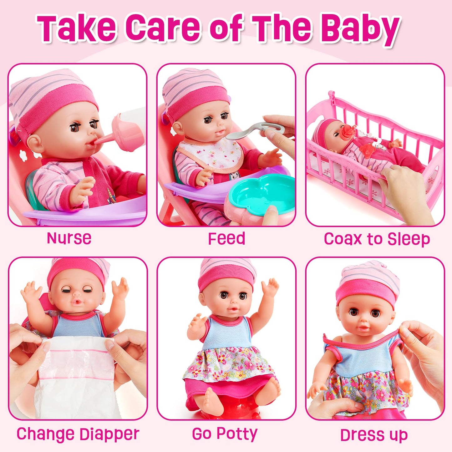 Golray 12in Girl Baby Doll Crib & High Chair Set | Sound & Pee Interactive Doll with 20 Accessories