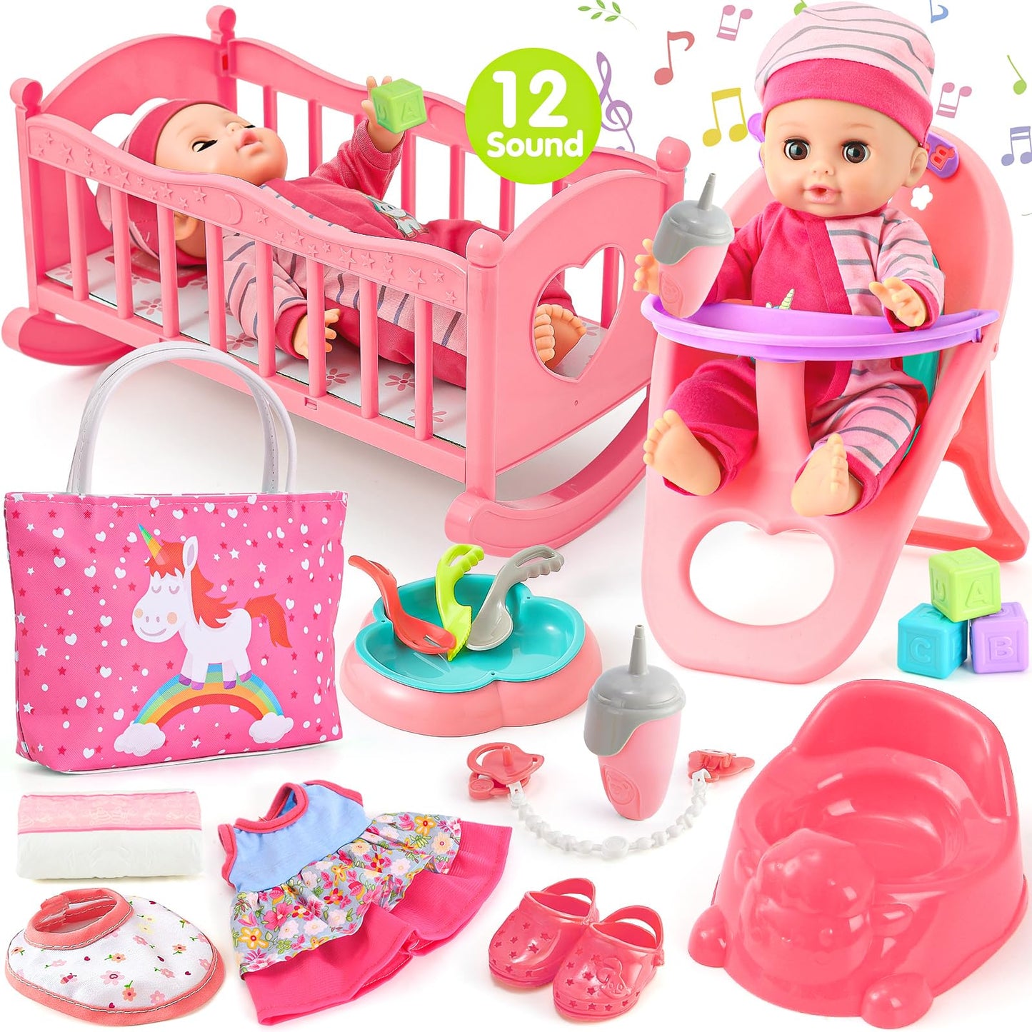 Golray 12in Girl Baby Doll Crib & High Chair Set | Sound & Pee Interactive Doll with 20 Accessories
