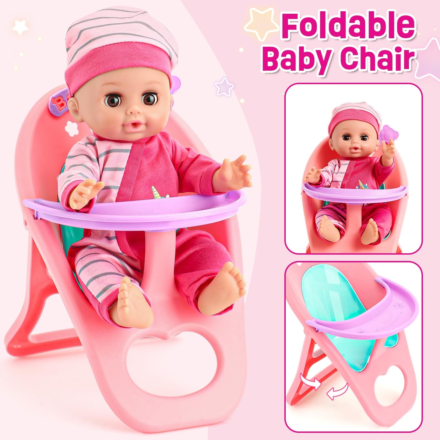 Golray 12in Girl Baby Doll Crib & High Chair Set | Sound & Pee Interactive Doll with 20 Accessories