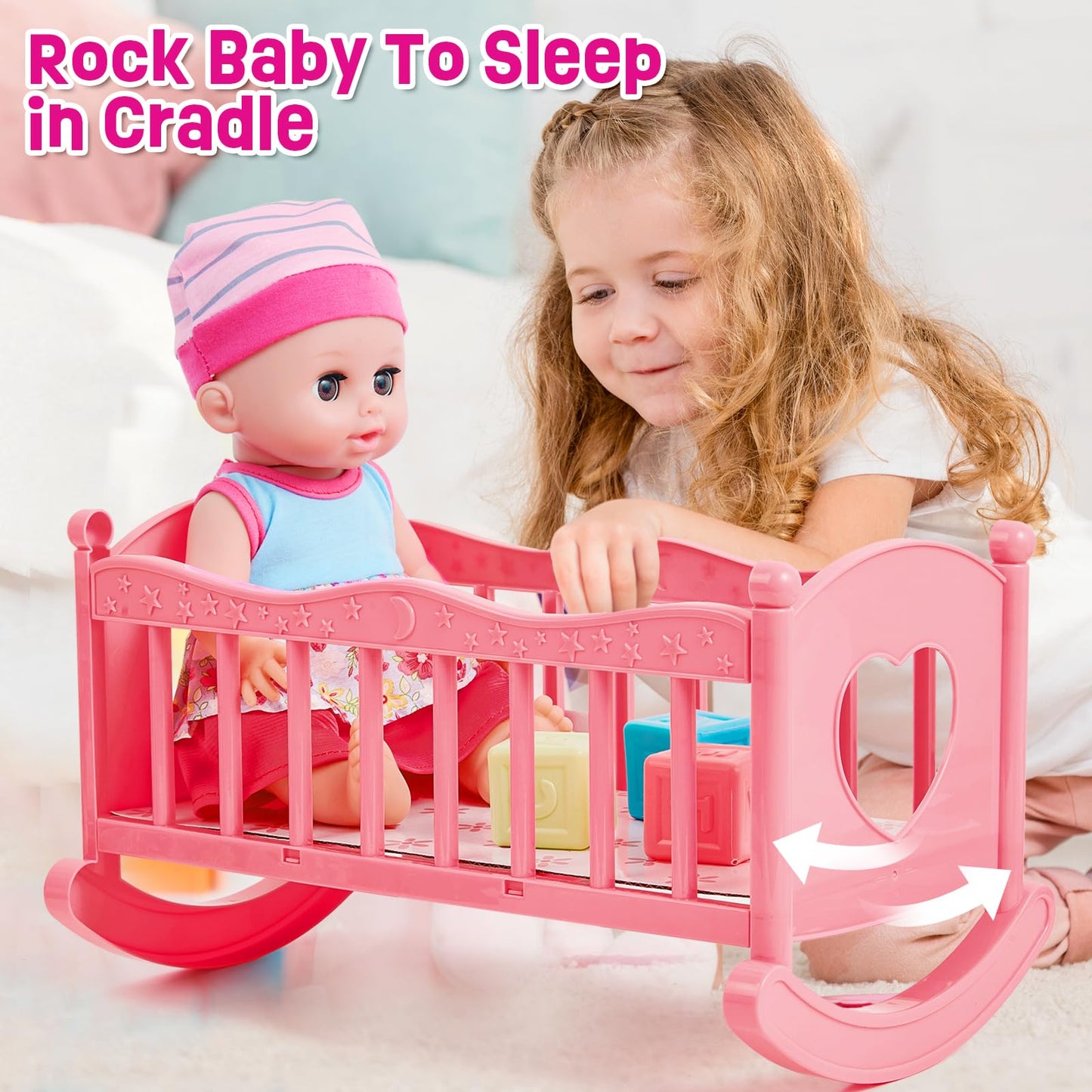 Golray 12in Girl Baby Doll Crib & High Chair Set | Sound & Pee Interactive Doll with 20 Accessories