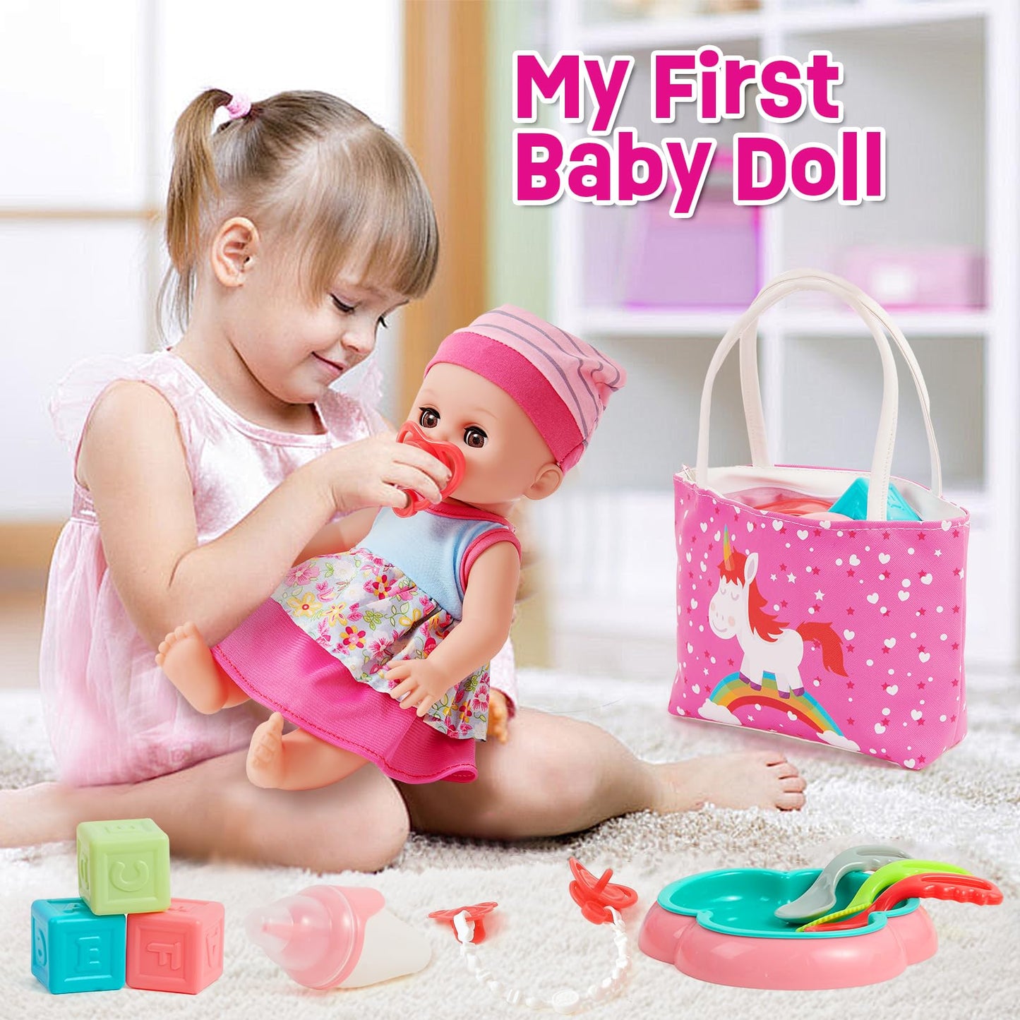 Golray 12in Girl Baby Doll Crib & High Chair Set | Sound & Pee Interactive Doll with 20 Accessories