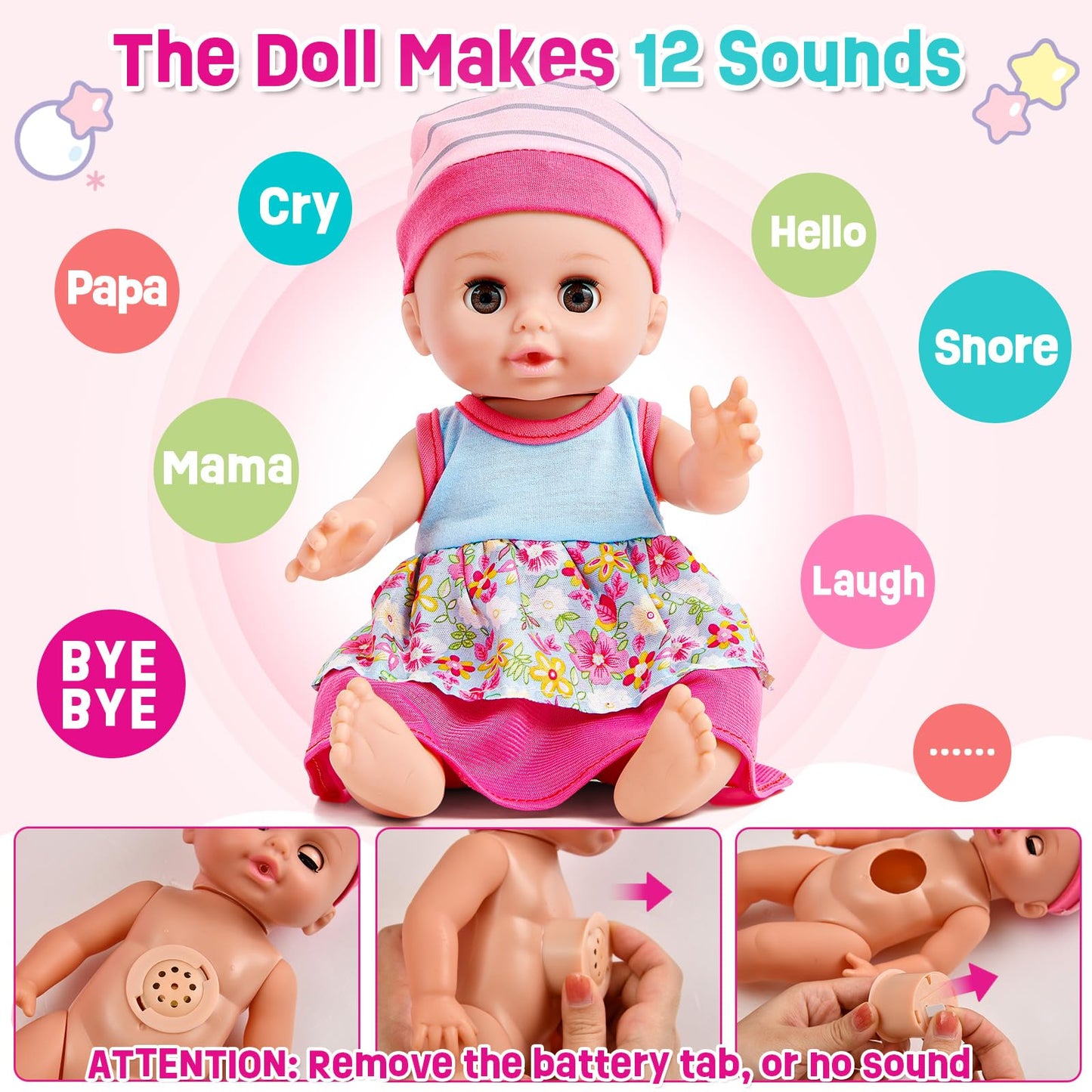 Golray 12in Girl Baby Doll Crib & High Chair Set | Sound & Pee Interactive Doll with 20 Accessories