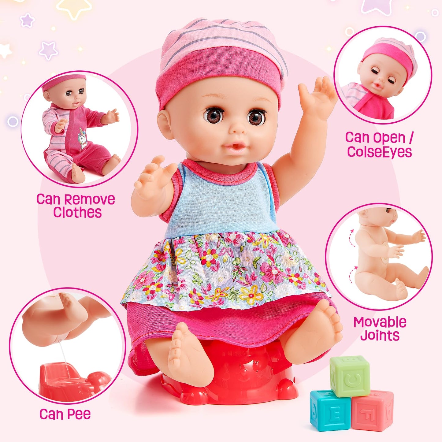 Golray 12in Girl Baby Doll Crib & High Chair Set | Sound & Pee Interactive Doll with 20 Accessories