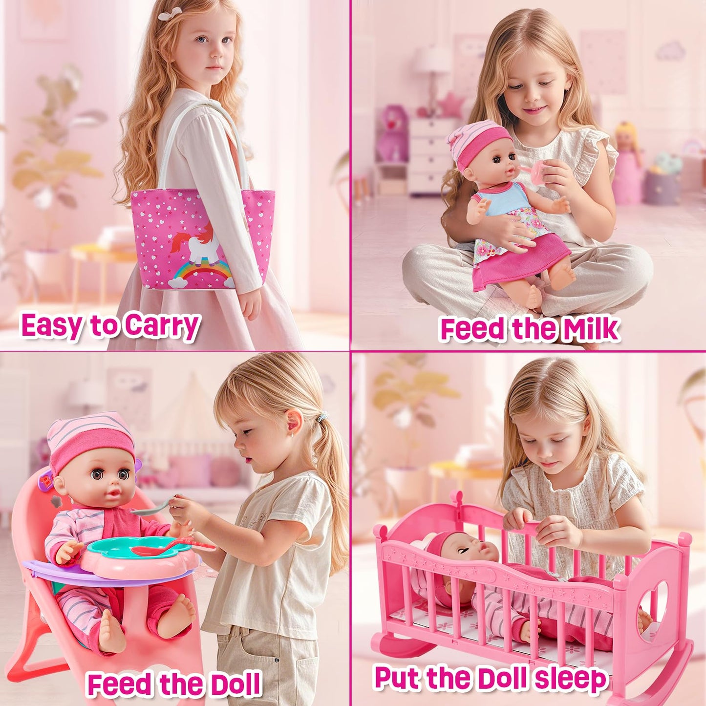 Golray 12in Girl Baby Doll Crib & High Chair Set | Sound & Pee Interactive Doll with 20 Accessories