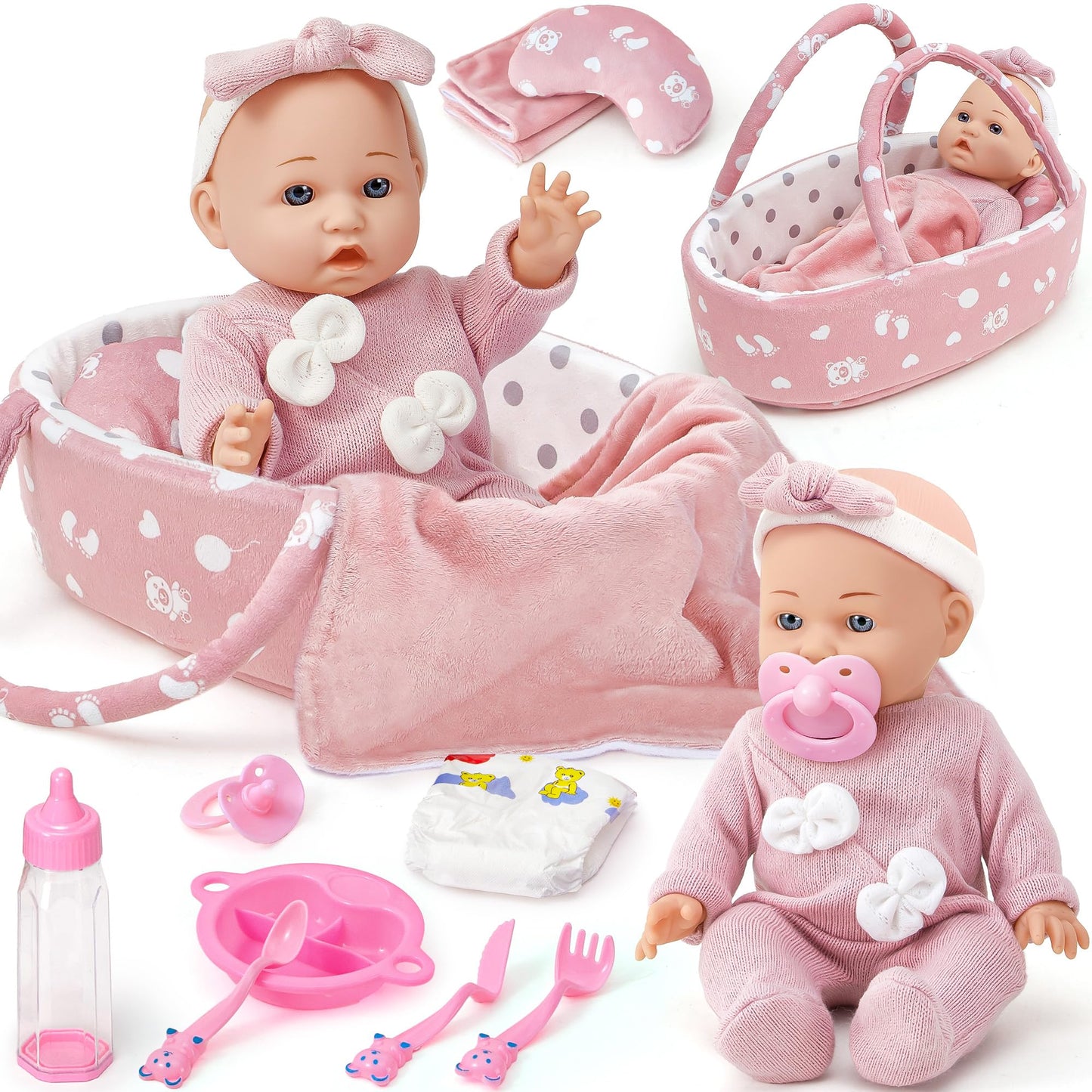 Golray 12-Inch Soft Baby Doll Set with Bassinet & 13-Piece Accessories – Realistic Toy for Girls Ages 3-6