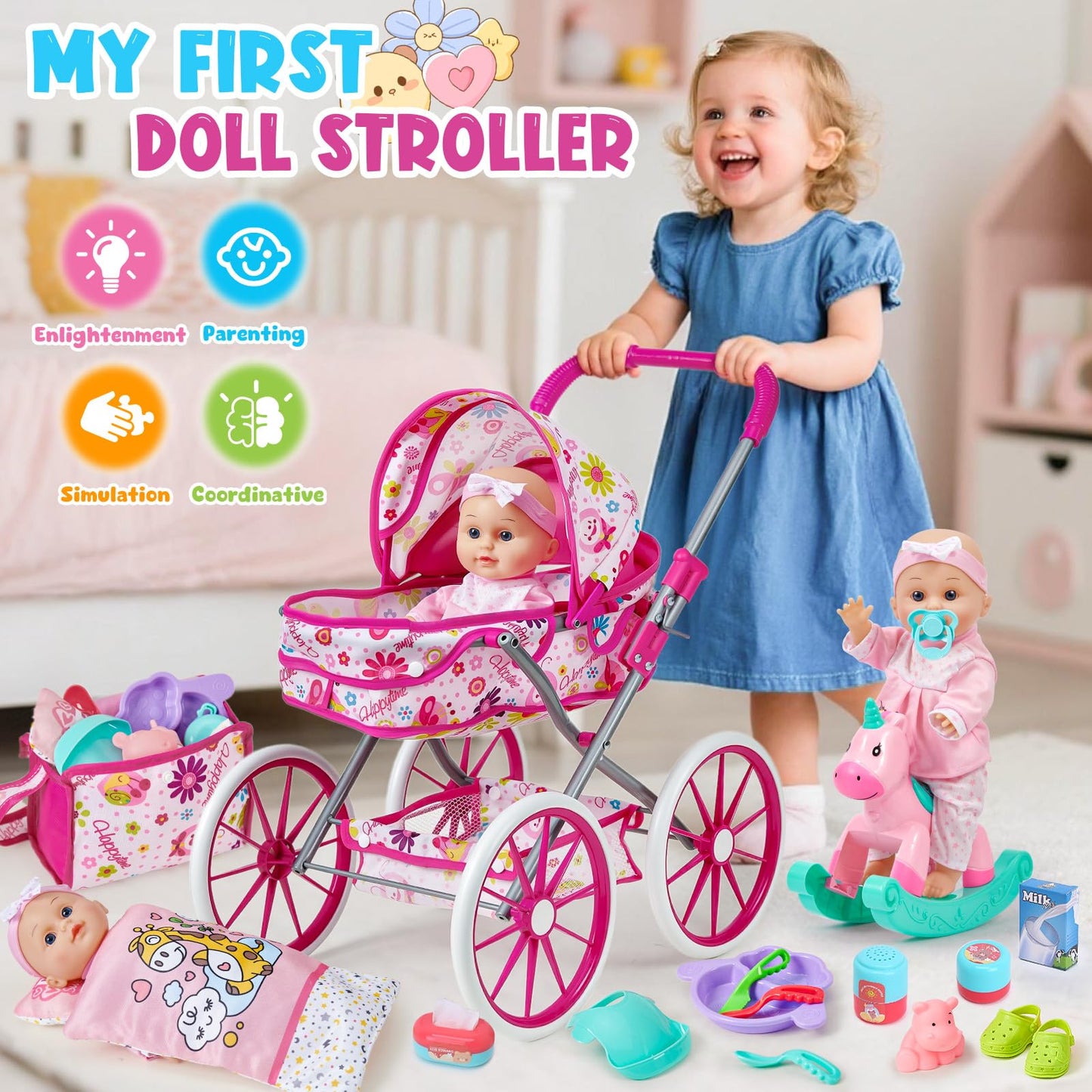 Golray 12-In Baby Doll Playset with Stroller – 26-Piece Pretend Nursery Toys for Girls 3–6