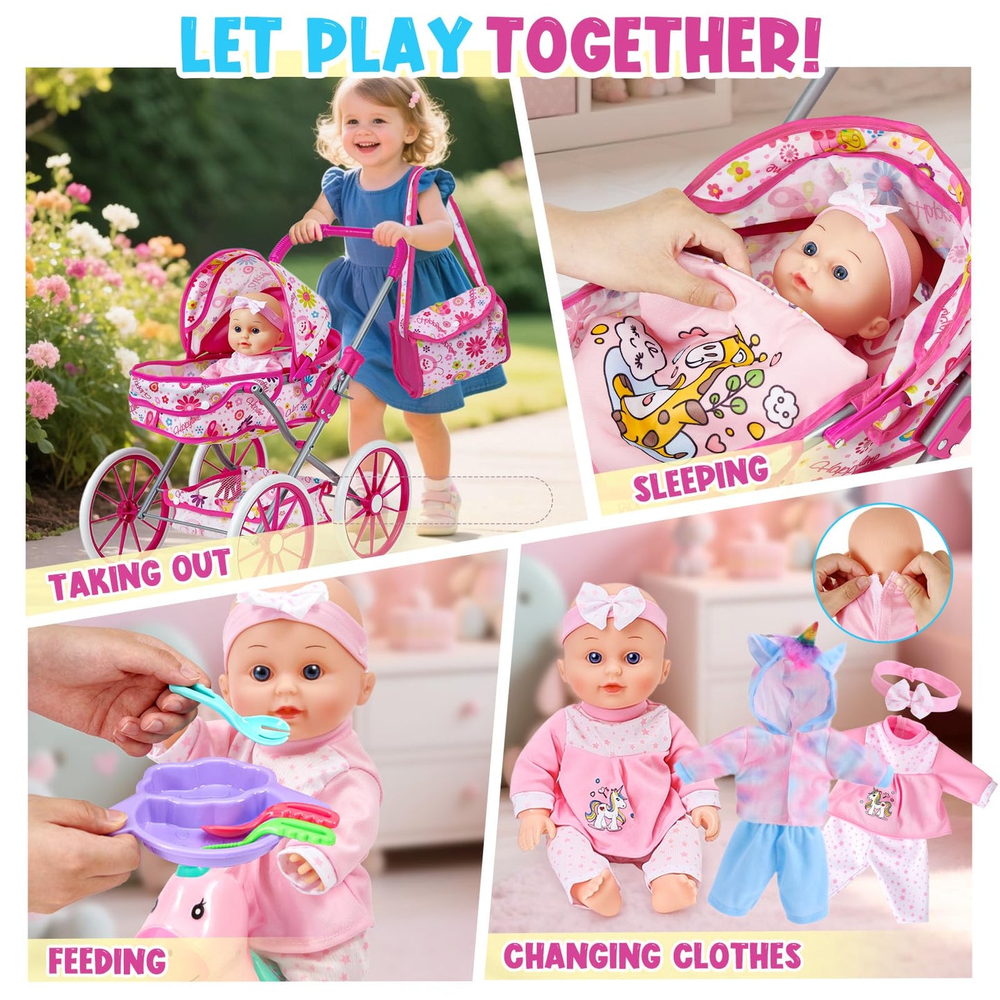 Golray 12-In Baby Doll Playset with Stroller – 26-Piece Pretend Nursery Toys for Girls 3–6