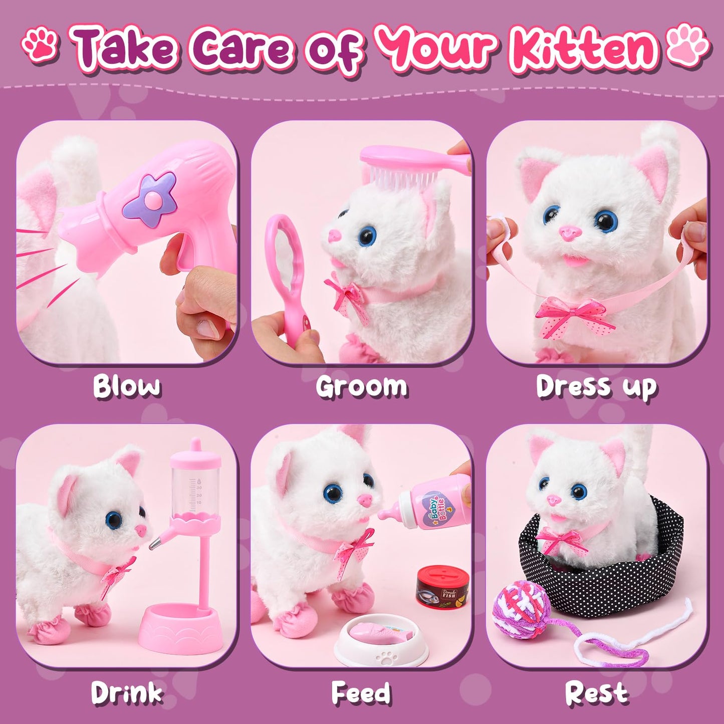 Golray Cat Toys for Kids – Interactive Plush Cat That Walks & Meows + 16-Piece Carrier & Grooming Playset