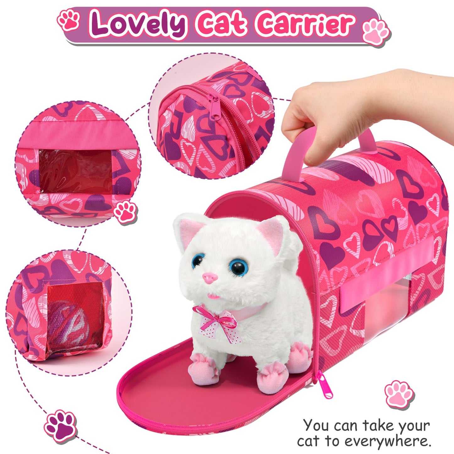 Golray Cat Toys for Kids – Interactive Plush Cat That Walks & Meows + 16-Piece Carrier & Grooming Playset