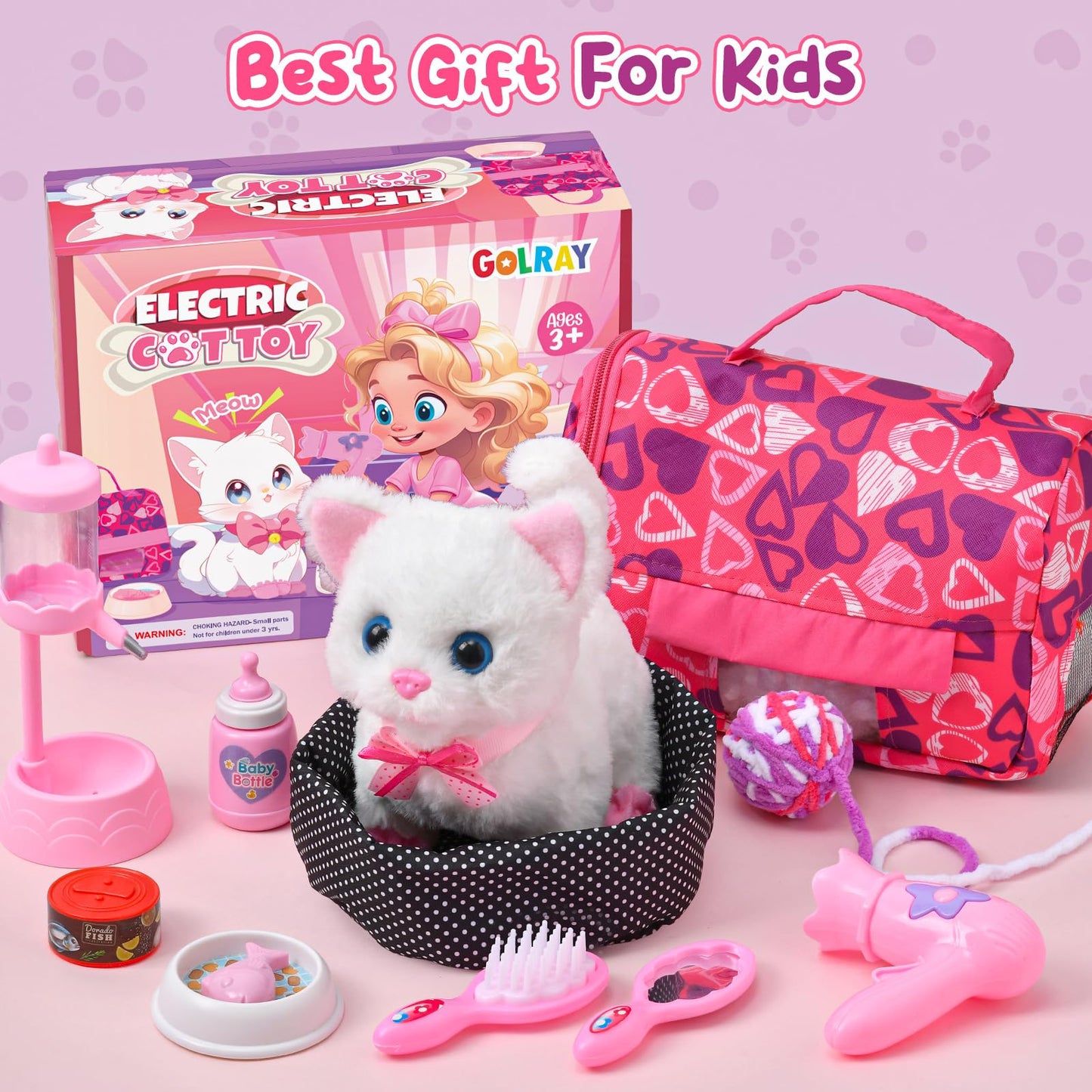 Golray Cat Toys for Kids – Interactive Plush Cat That Walks & Meows + 16-Piece Carrier & Grooming Playset