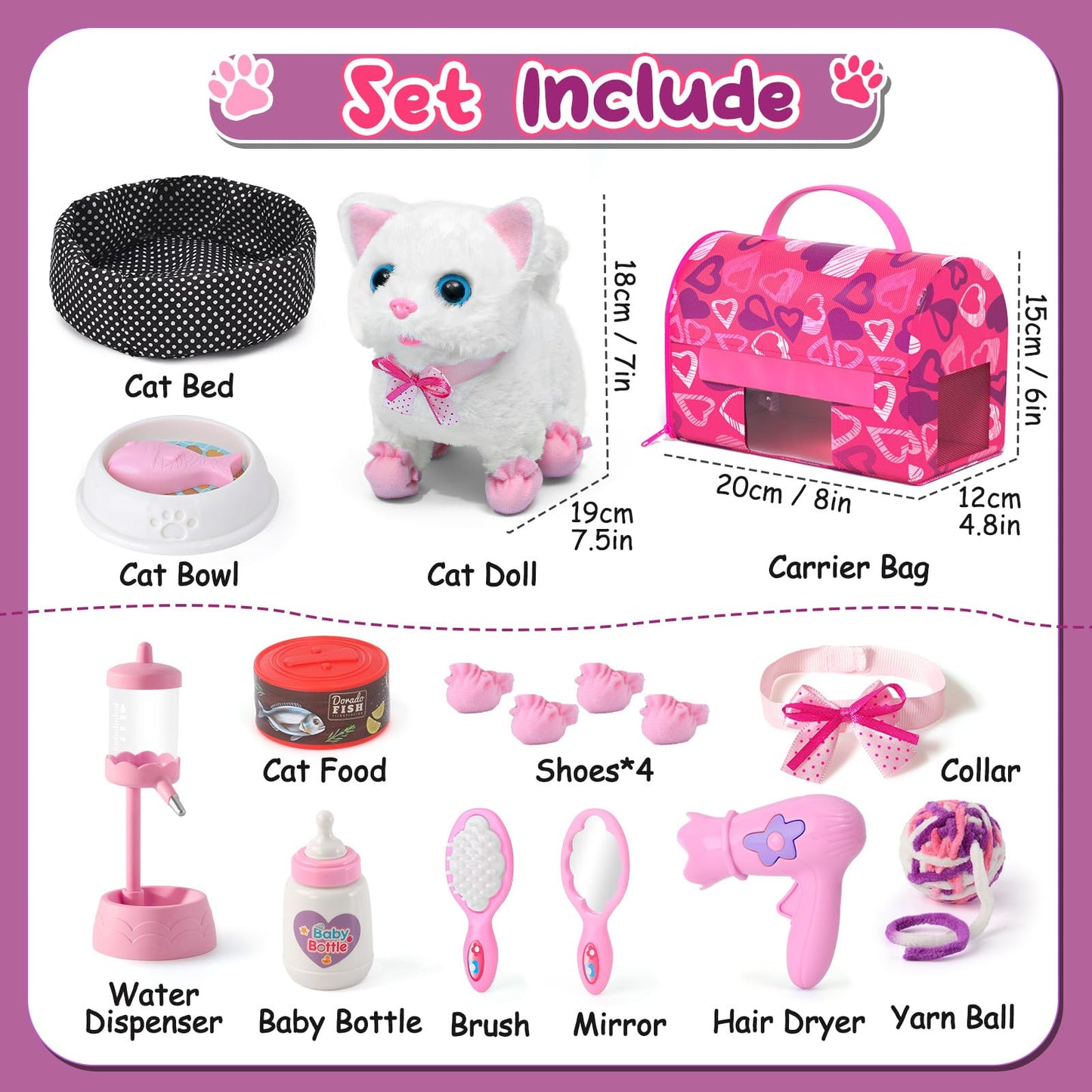 Golray Cat Toys for Kids – Interactive Plush Cat That Walks & Meows + 16-Piece Carrier & Grooming Playset