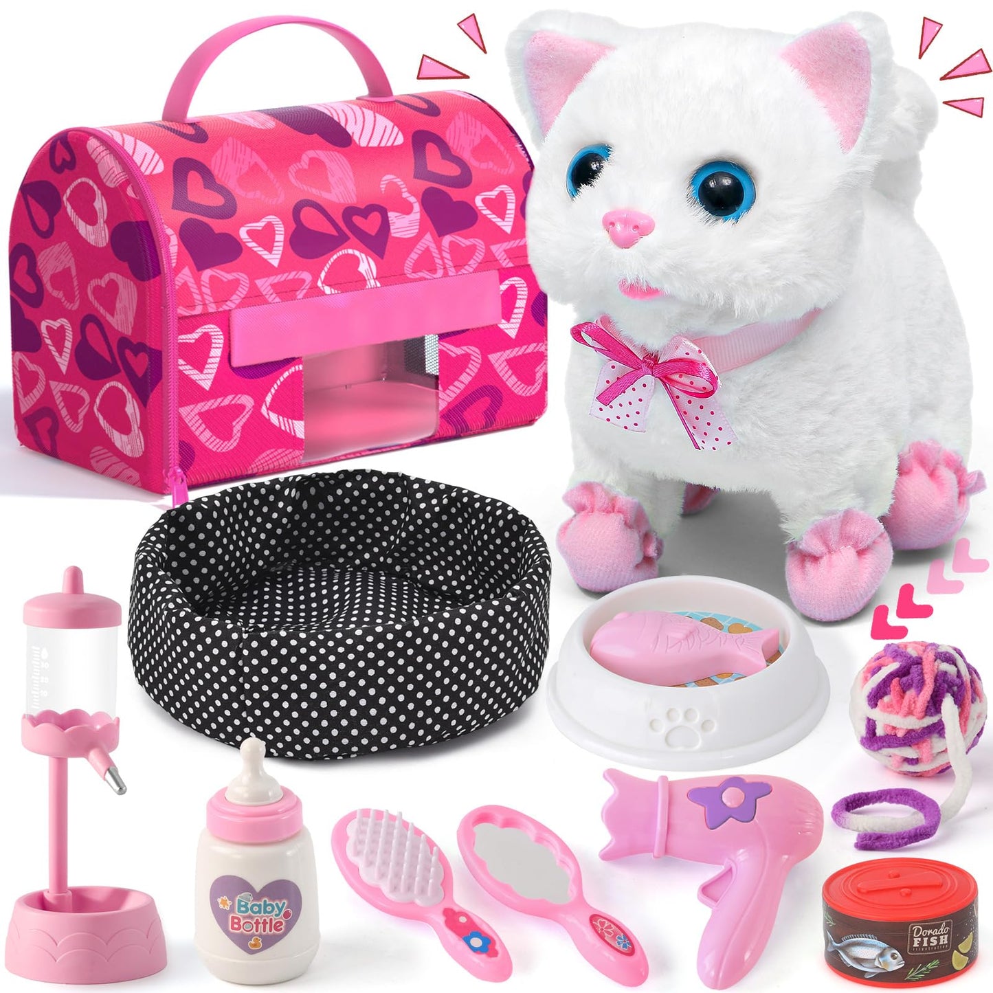 Golray Cat Toys for Kids – Interactive Plush Cat That Walks & Meows + 16-Piece Carrier & Grooming Playset