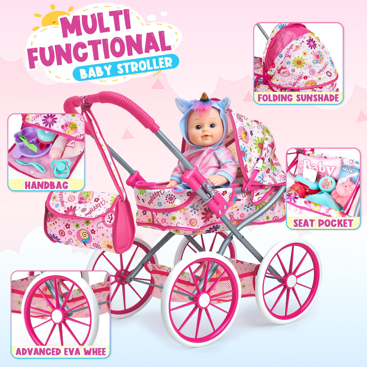Golray 12-In Baby Doll Playset with Stroller – 26-Piece Pretend Nursery Toys for Girls 3–6