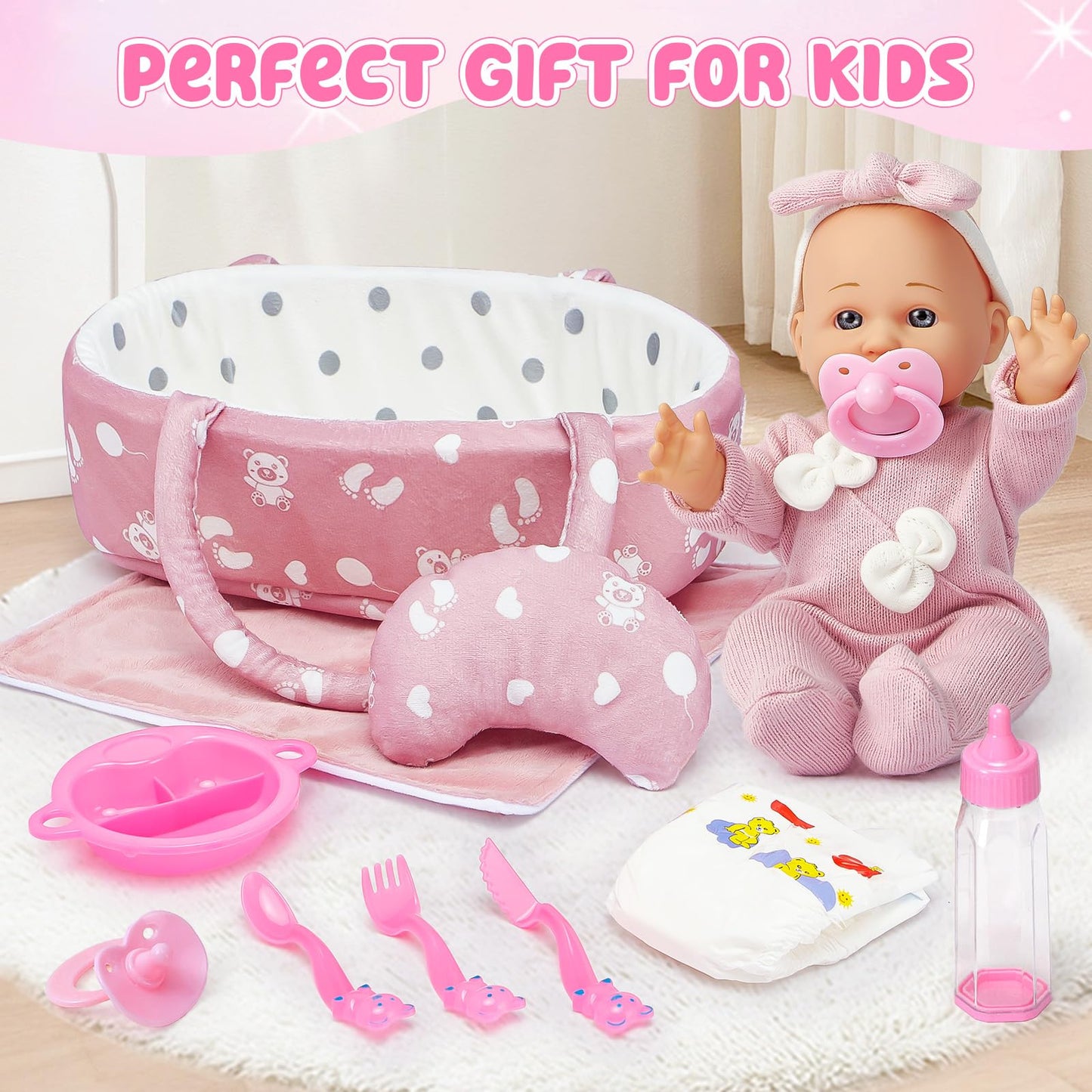 Golray 12-Inch Soft Baby Doll Set with Bassinet & 13-Piece Accessories – Realistic Toy for Girls Ages 3-6