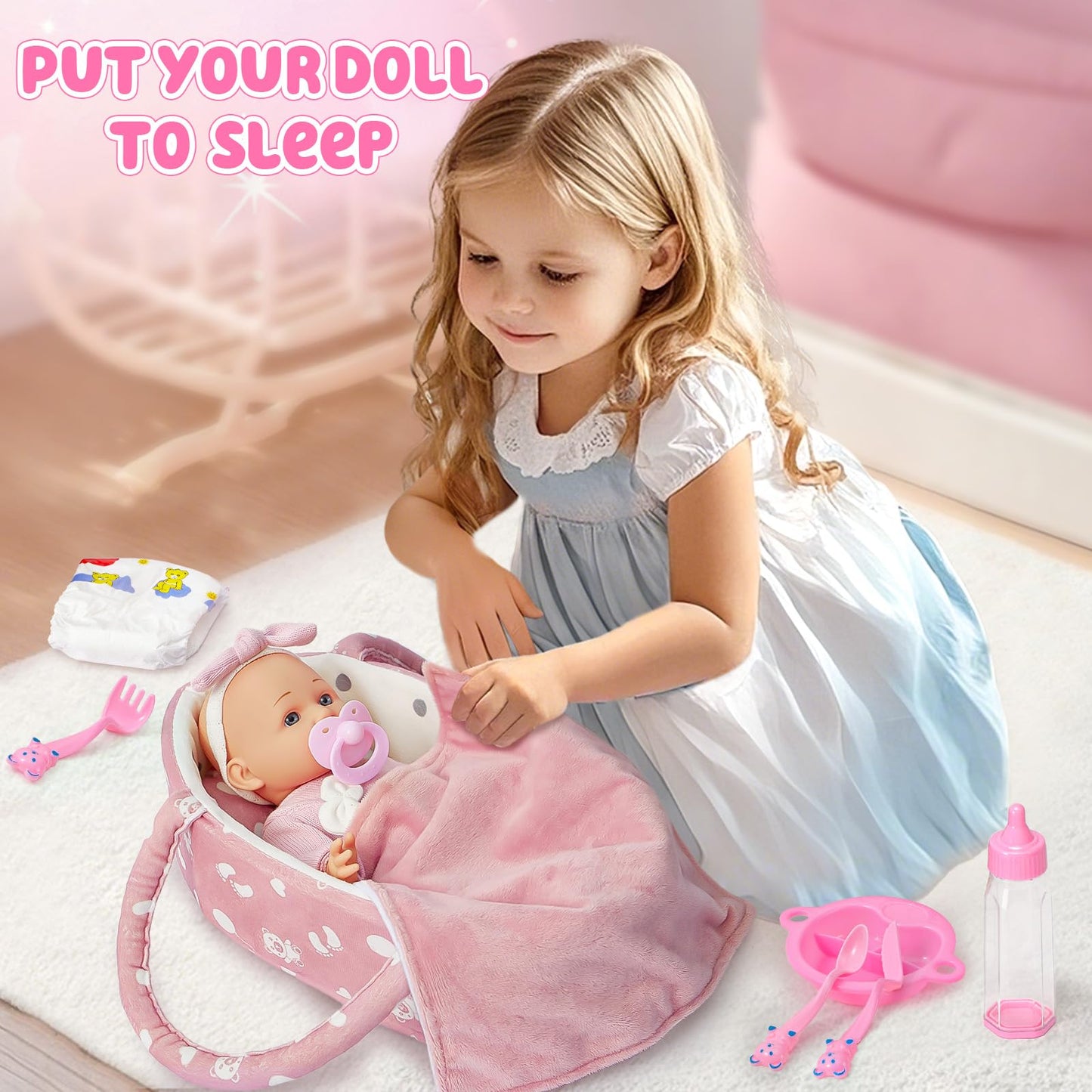 Golray 12-Inch Soft Baby Doll Set with Bassinet & 13-Piece Accessories – Realistic Toy for Girls Ages 3-6