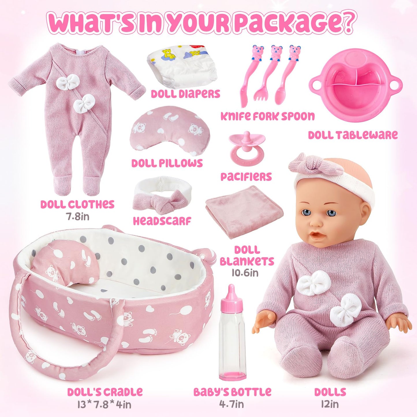 Golray 12-Inch Soft Baby Doll Set with Bassinet & 13-Piece Accessories – Realistic Toy for Girls Ages 3-6