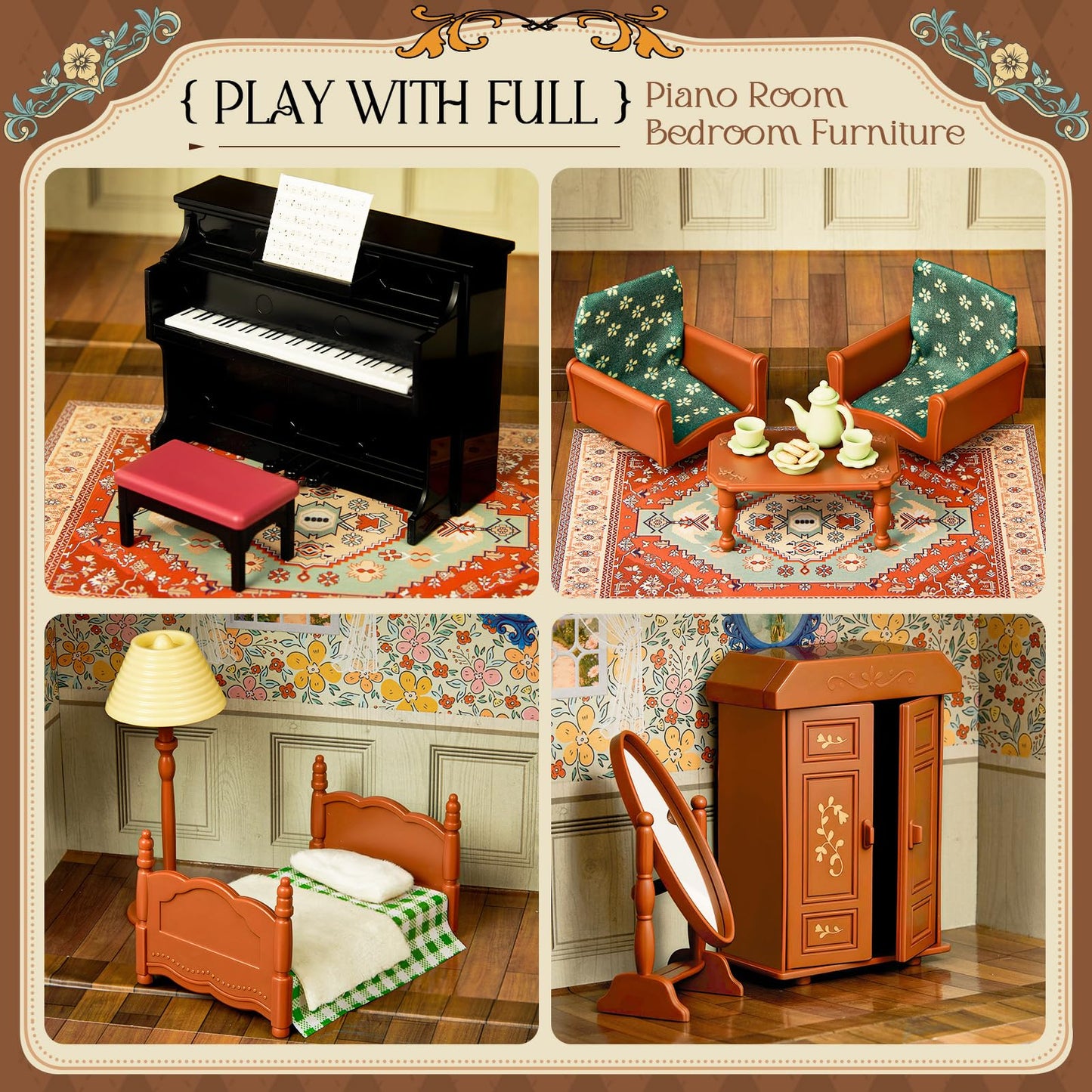 Golray Dollhouse Suitcase Set: Portable Bedroom Furniture for Kids (2 Dolls, Bed, Lamp, Wardrobe, Piano)