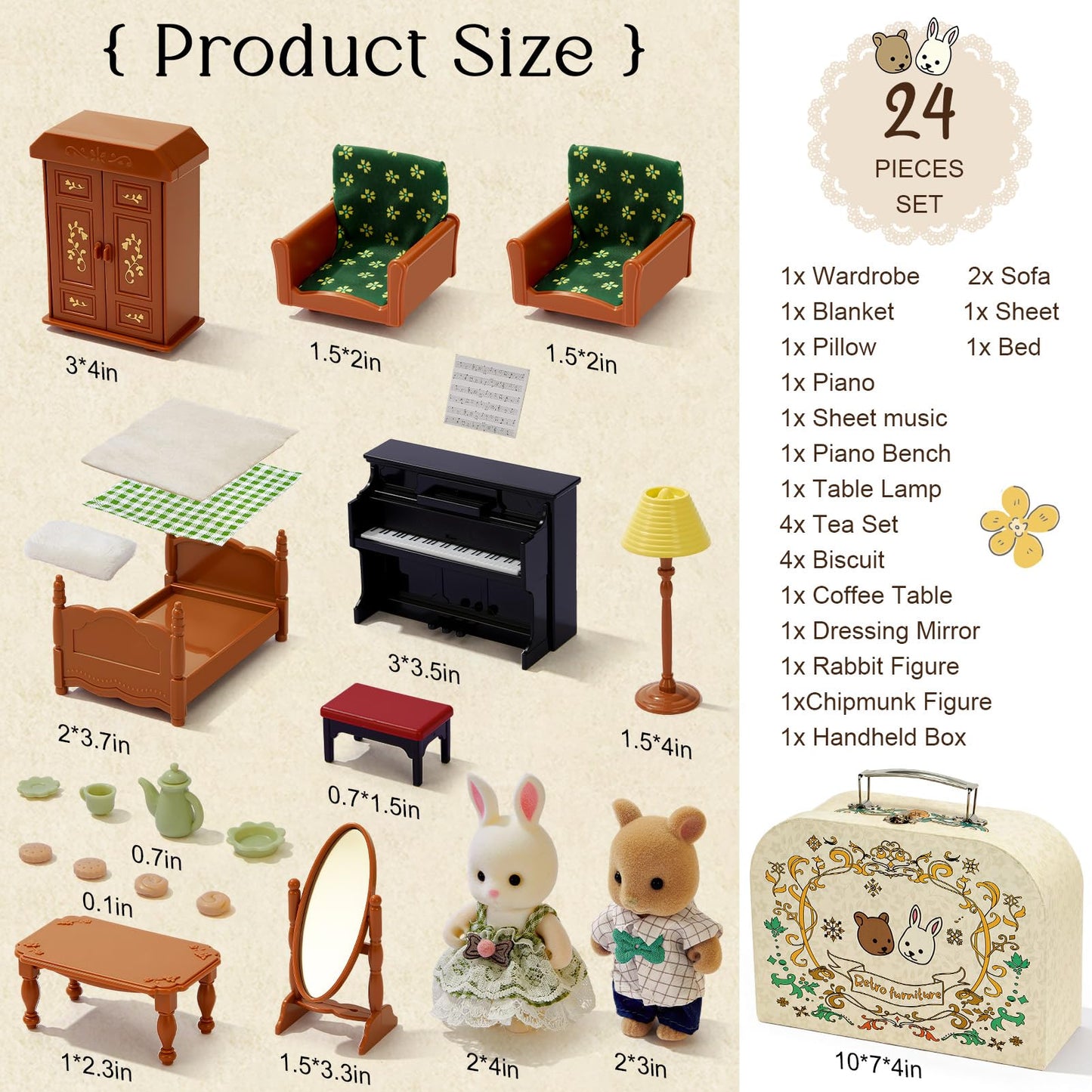 Golray Dollhouse Suitcase Set: Portable Bedroom Furniture for Kids (2 Dolls, Bed, Lamp, Wardrobe, Piano)