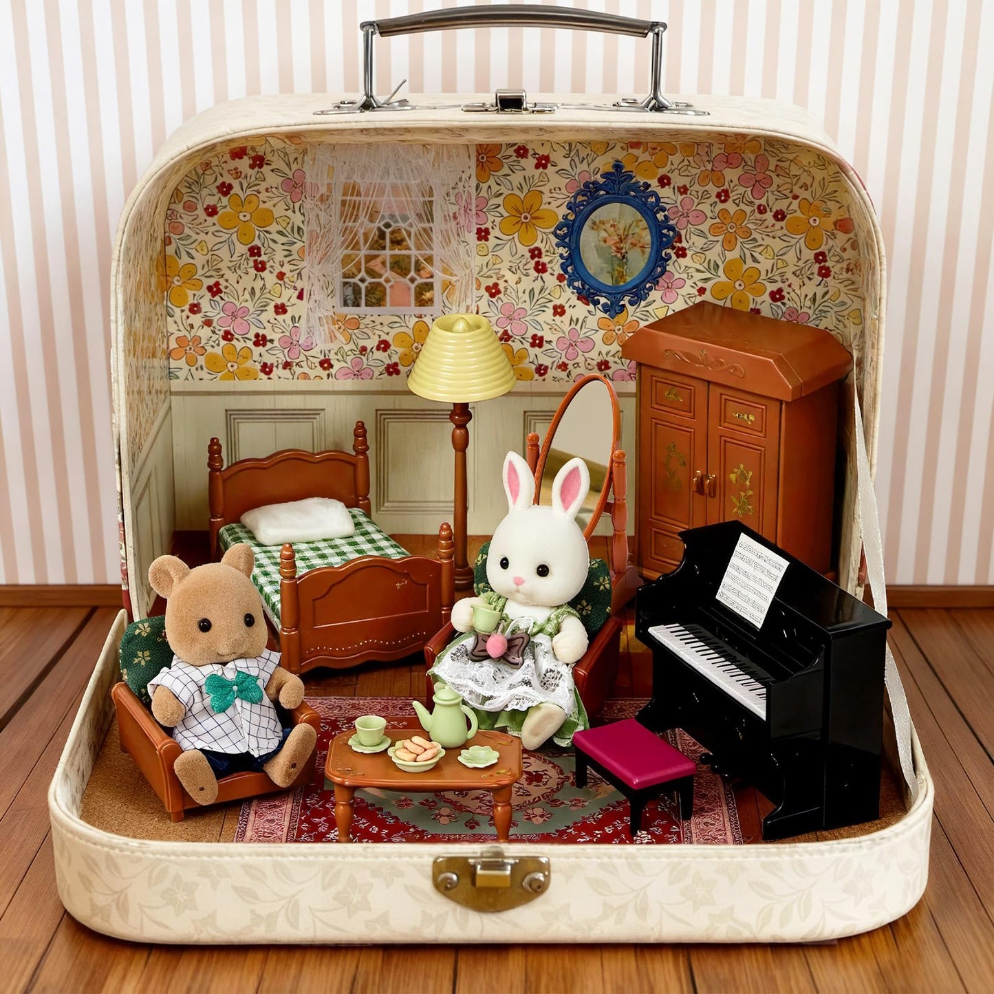 Golray Dollhouse Suitcase Set: Portable Bedroom Furniture for Kids (2 Dolls, Bed, Lamp, Wardrobe, Piano)