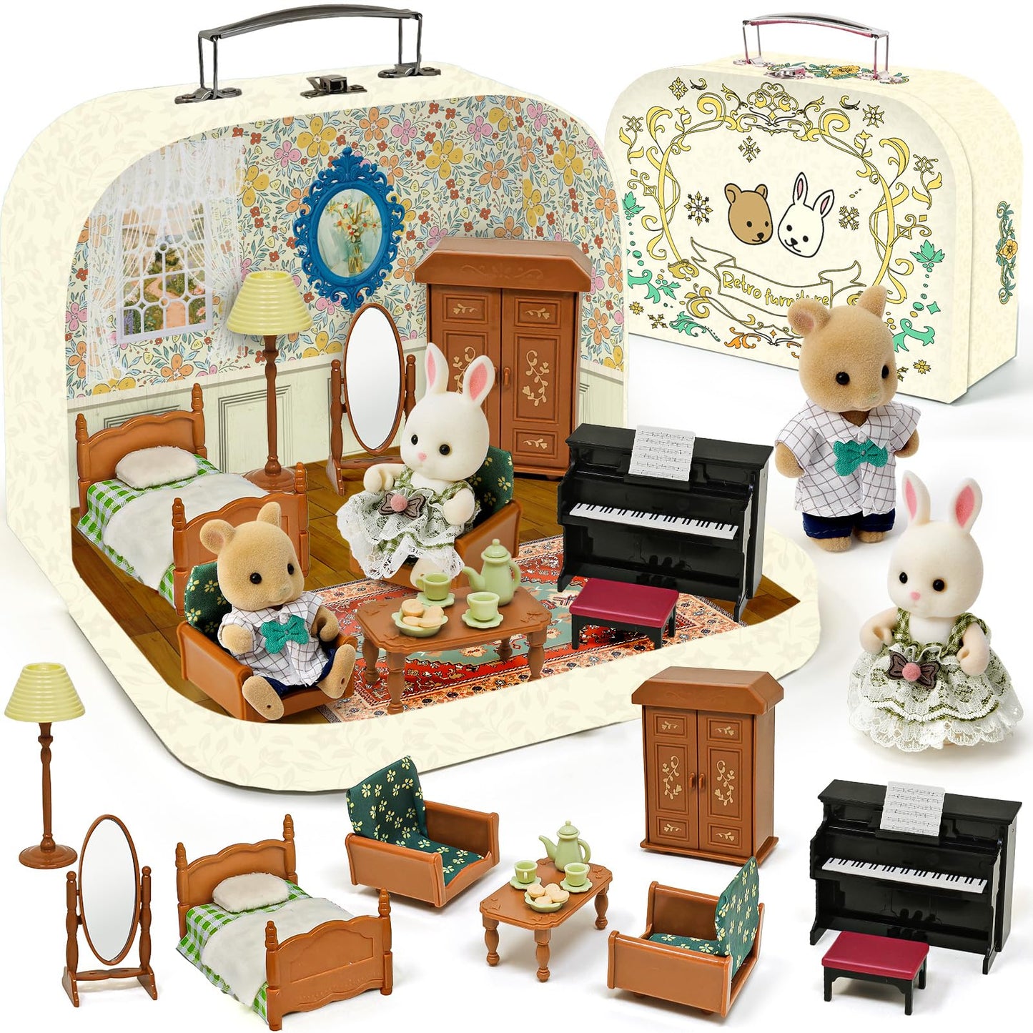 Golray Dollhouse Suitcase Set: Portable Bedroom Furniture for Kids (2 Dolls, Bed, Lamp, Wardrobe, Piano)