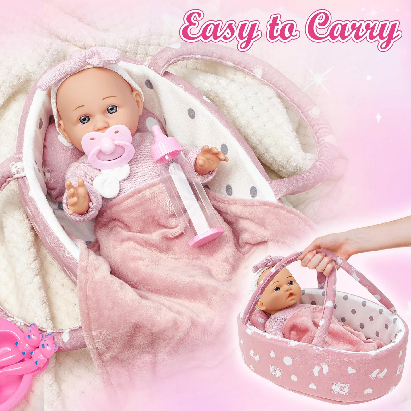 Golray 12-Inch Soft Baby Doll Set with Bassinet & 13-Piece Accessories – Realistic Toy for Girls Ages 3-6