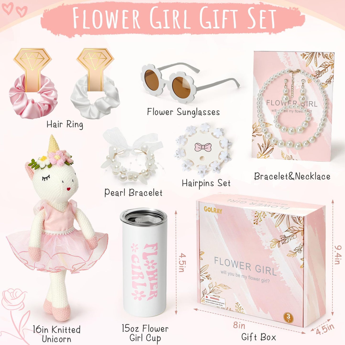 Golray Flower Girl Gift Set – Unicorn 16in, Cup, Sunglasses & Jewelry Gift Box