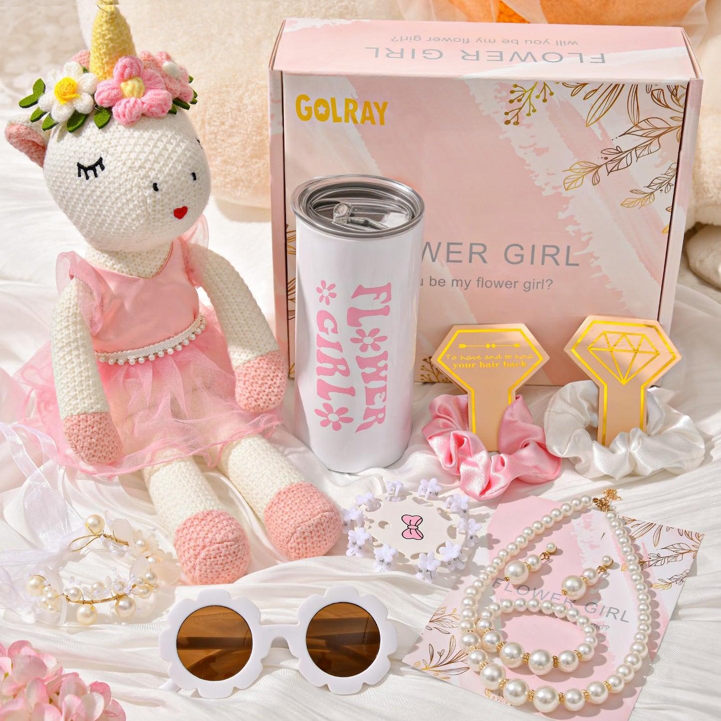 Golray Flower Girl Gift Set – Unicorn 16in, Cup, Sunglasses & Jewelry Gift Box