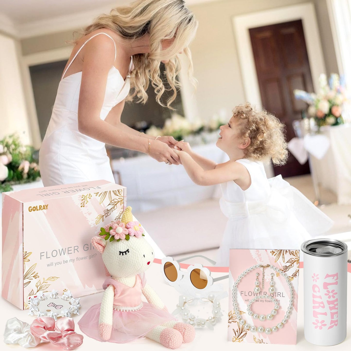 Golray Flower Girl Gift Set – Unicorn 16in, Cup, Sunglasses & Jewelry Gift Box