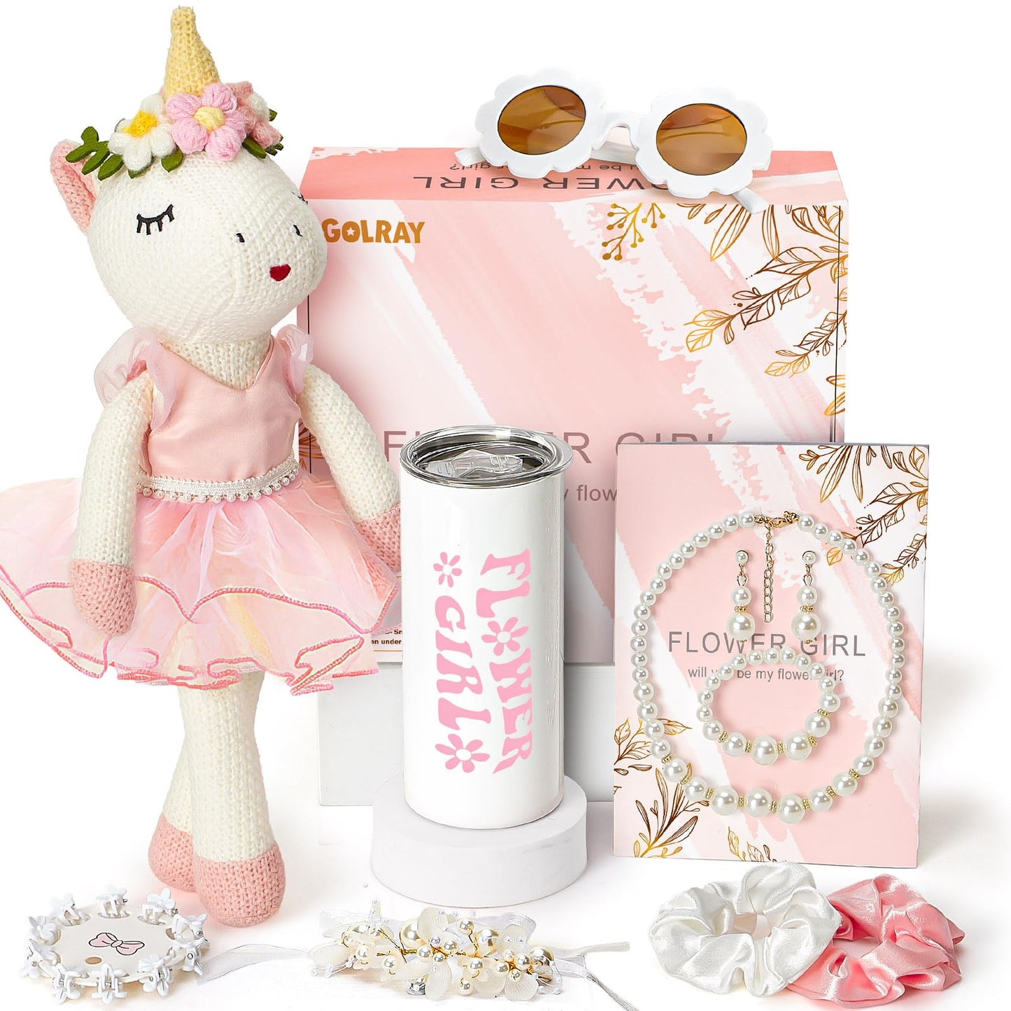 Golray Flower Girl Gift Set – Unicorn 16in, Cup, Sunglasses & Jewelry Gift Box