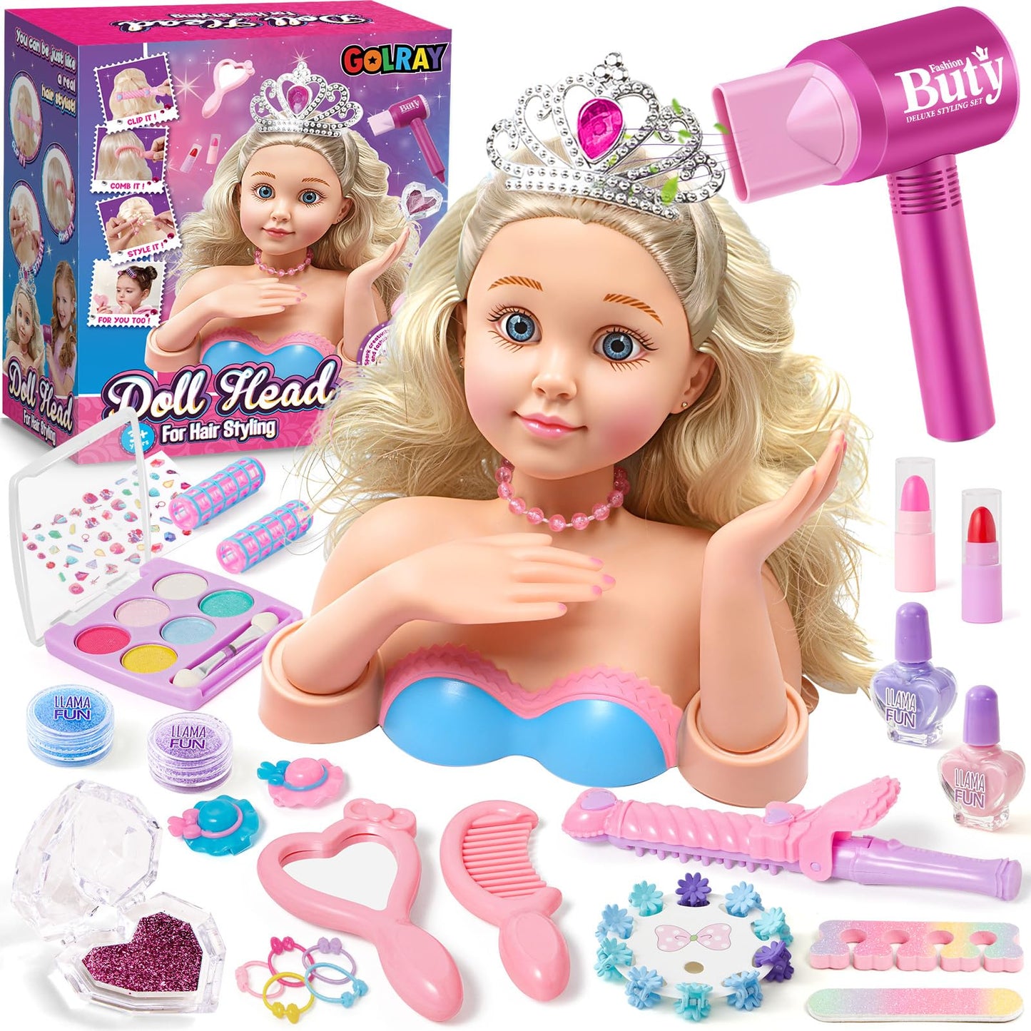 Golray Hair Styling Doll Head Makeup Kit – Realistic Salon Playset for Kids 3-8+