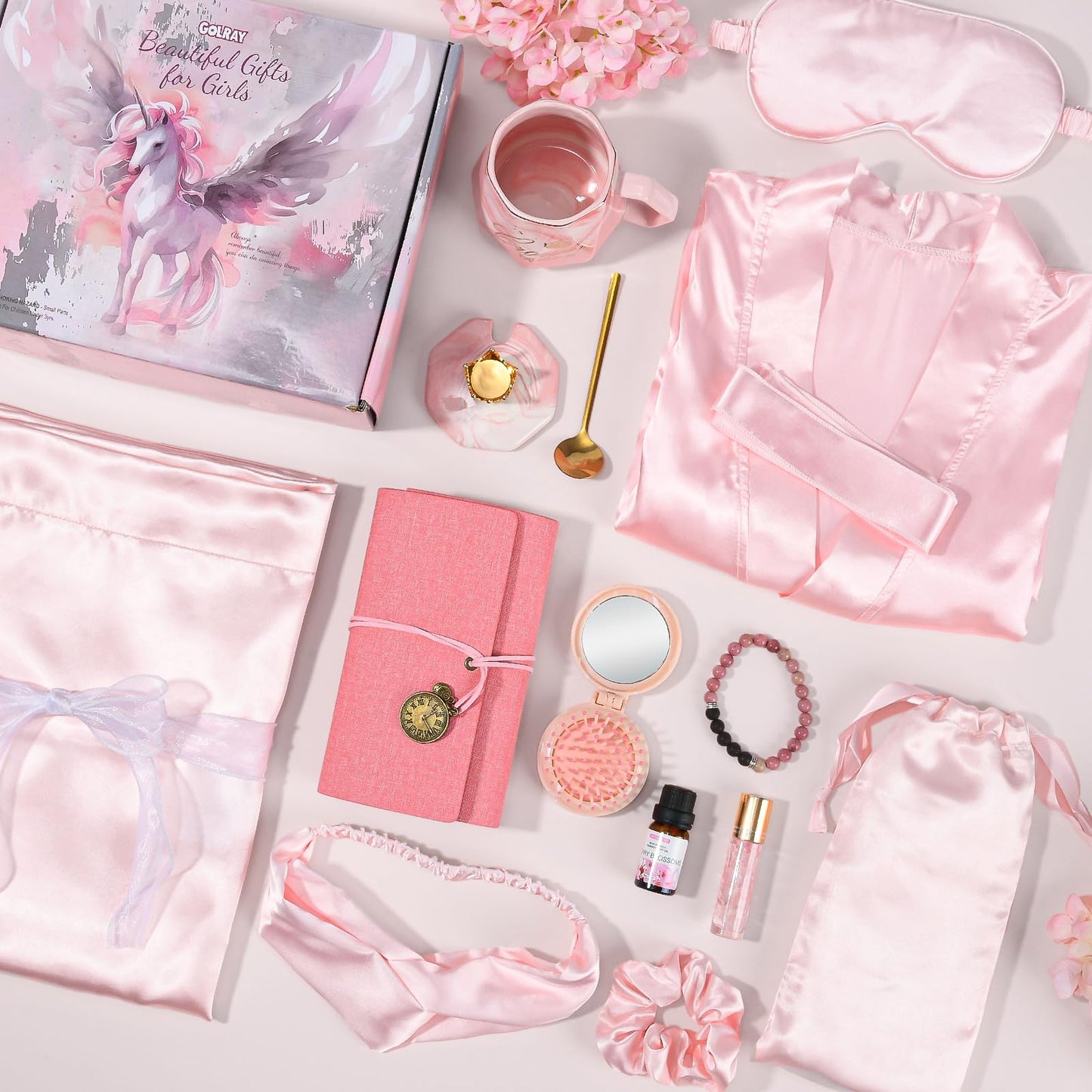 Golray 13-Piece Gift Set for Teens and Women – Satin Pillowcase, Spa Robe, Journal & Mug