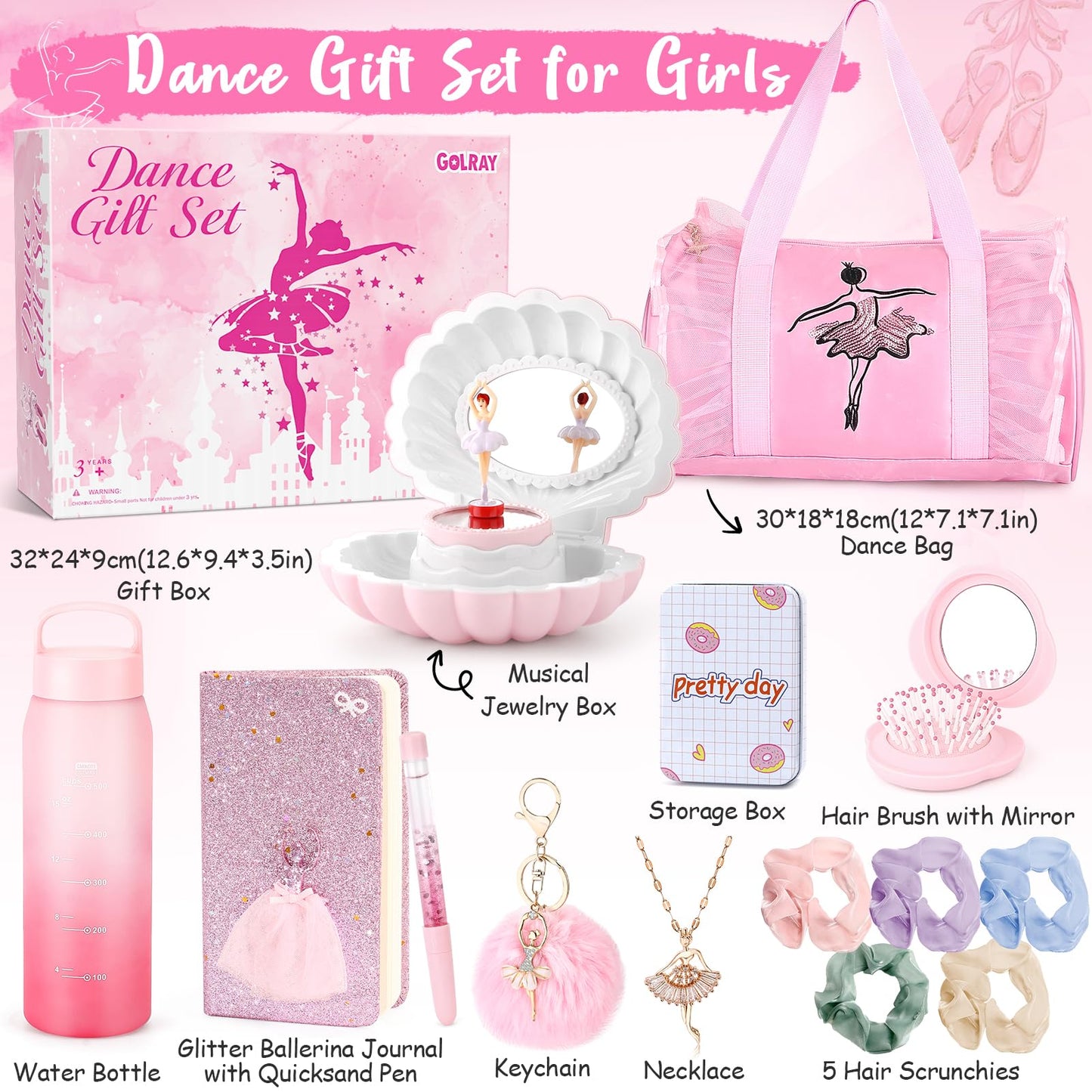Golray 15 Pcs Dance Gift Set for Girls – Ballet Bag, Jewelry Box & Water Bottle