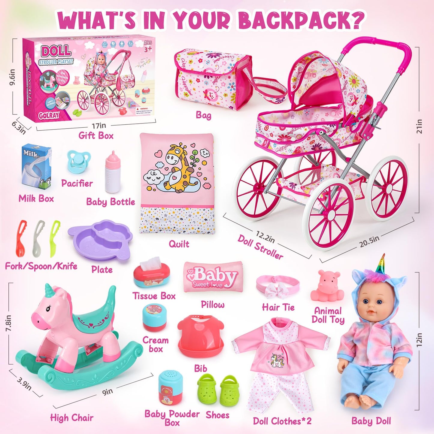 Golray 12-In Baby Doll Playset with Stroller – 26-Piece Pretend Nursery Toys for Girls 3–6
