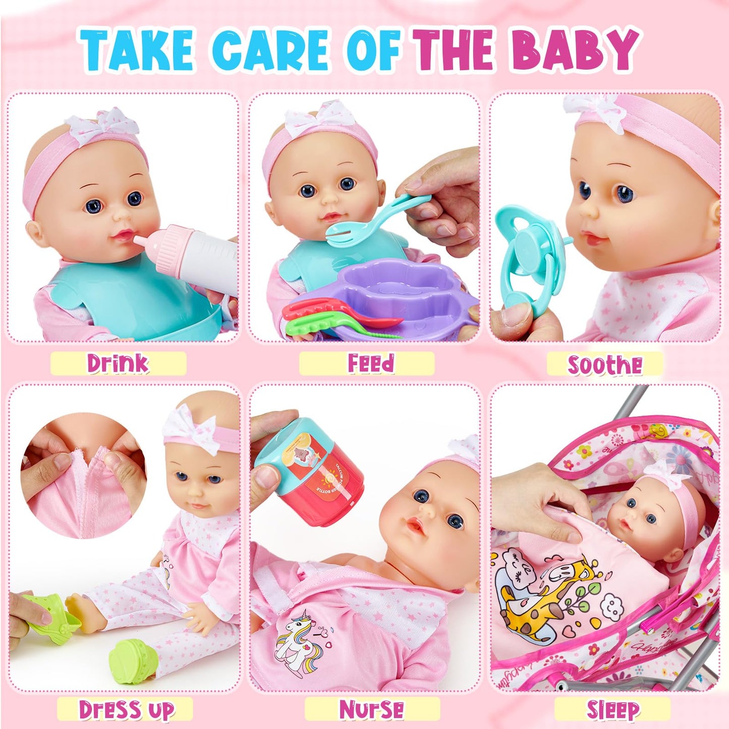 Golray 12-In Baby Doll Playset with Stroller – 26-Piece Pretend Nursery Toys for Girls 3–6
