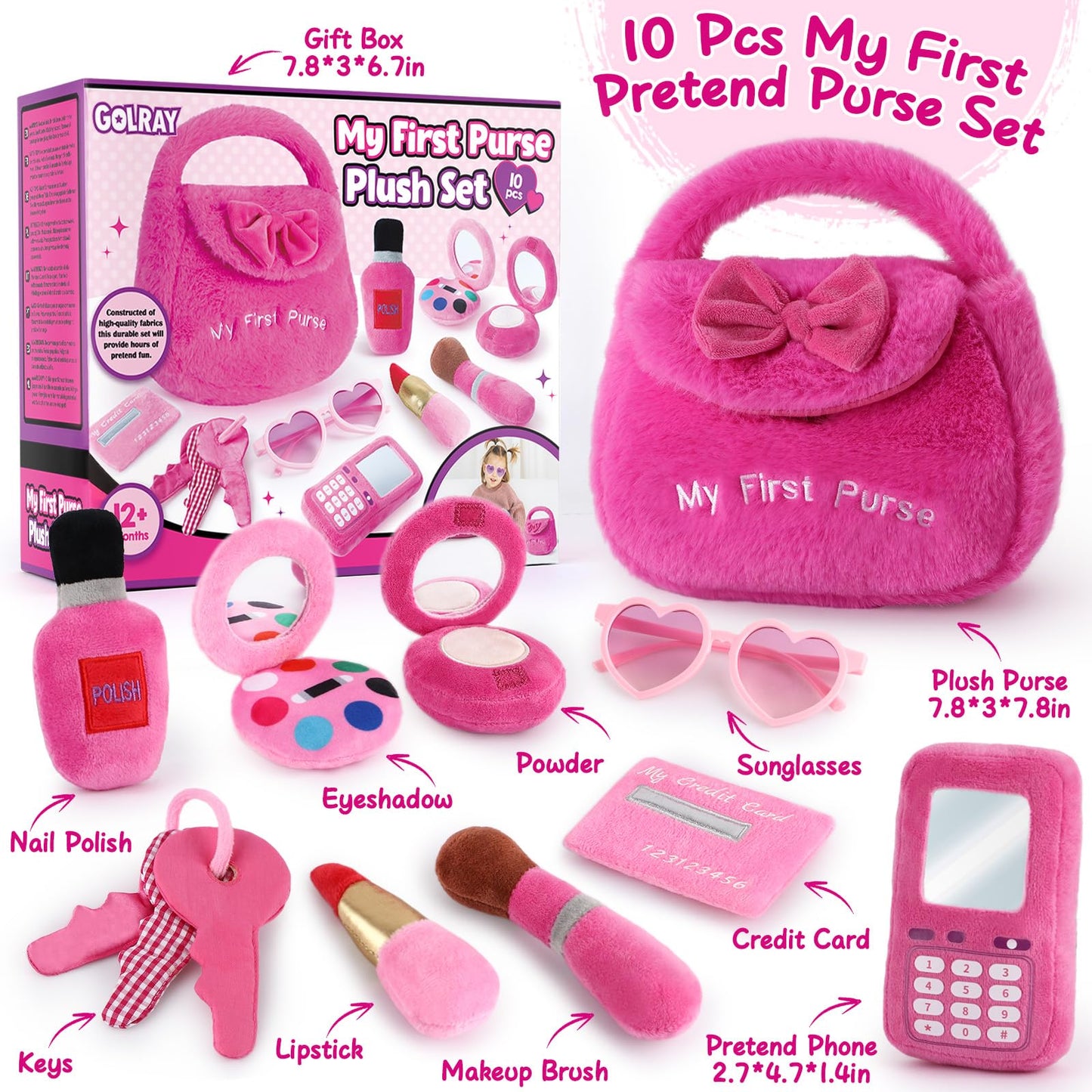 Golray Plush Toddler Purse - 10-Piece Sensory Play Set for Girls Ages 3-5