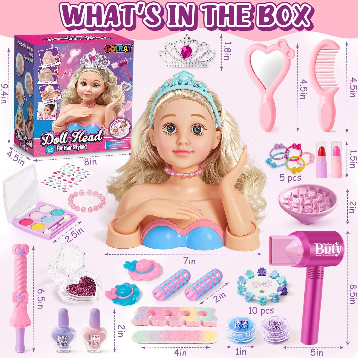 Golray Hair Styling Doll Head Makeup Kit – Realistic Salon Playset for Kids 3-8+