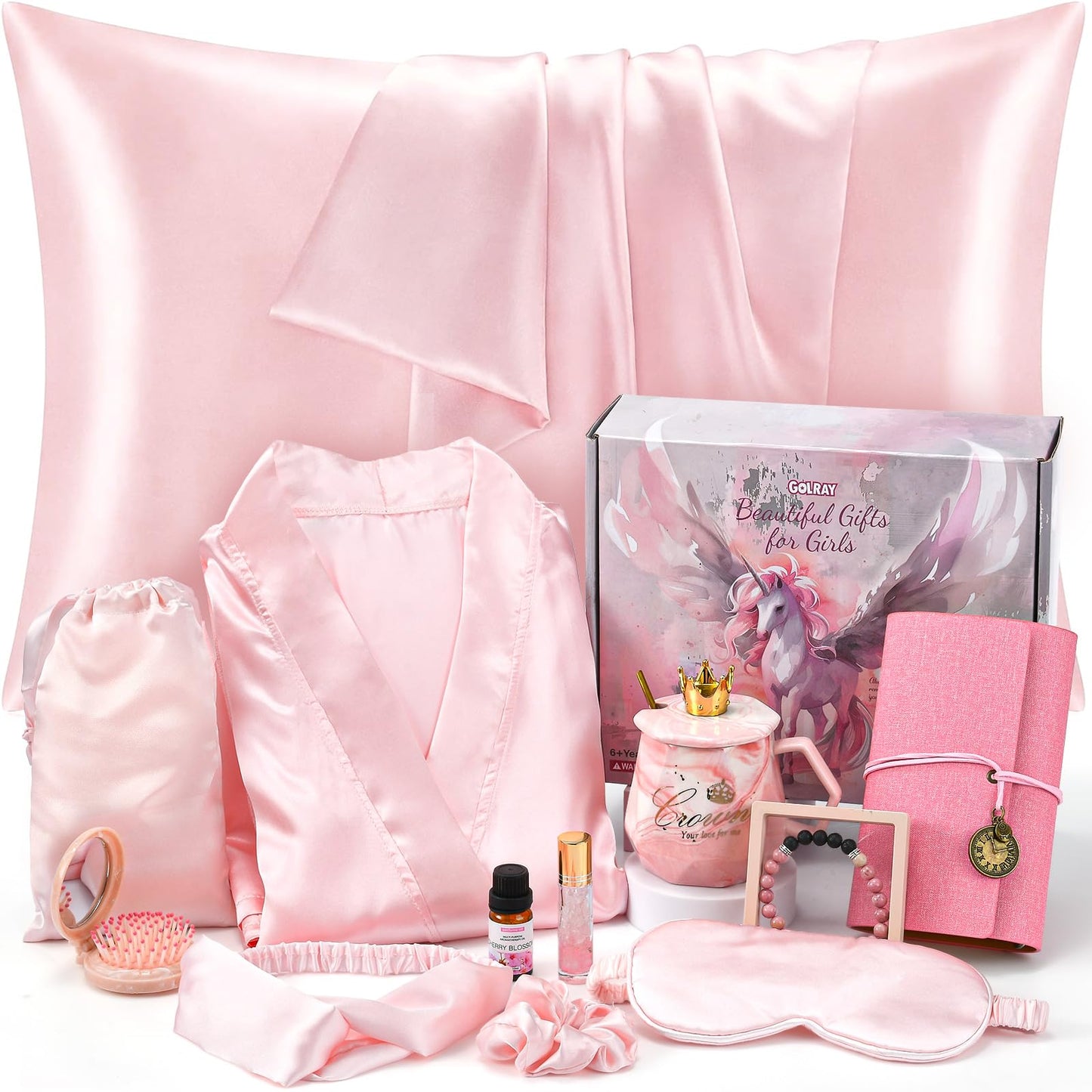 Golray 13-Piece Gift Set for Teens and Women – Satin Pillowcase, Spa Robe, Journal & Mug