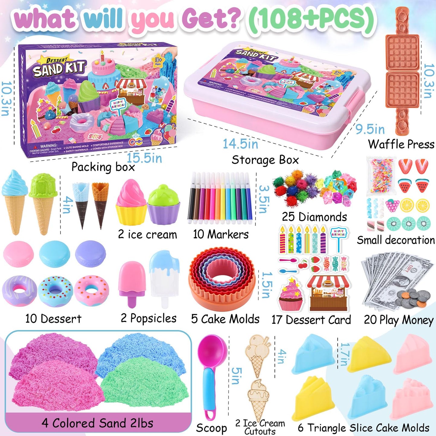 Golray Ice Cream Sensory Bin Kit for Girls | 108-Piece Dessert Sandbox Set