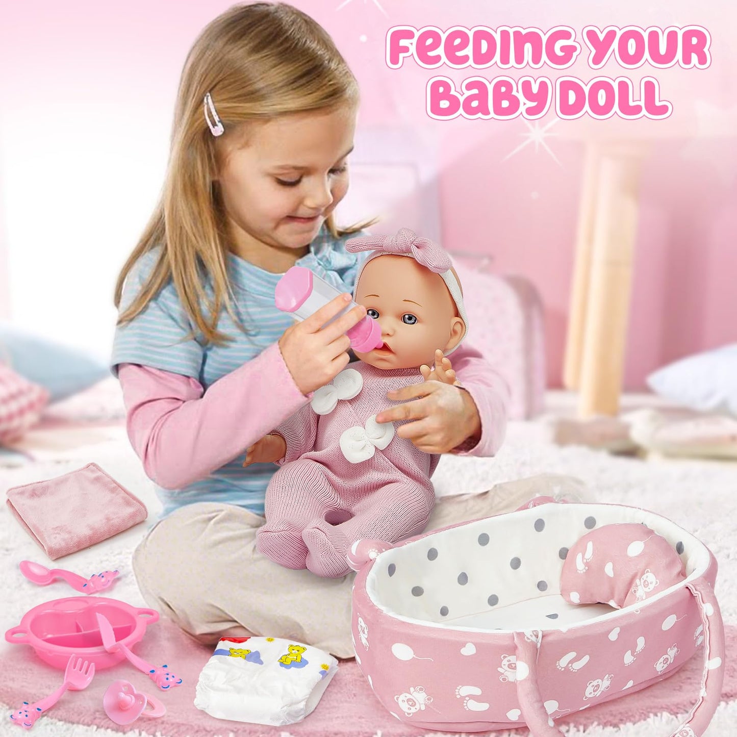 Golray 12-Inch Soft Baby Doll Set with Bassinet & 13-Piece Accessories – Realistic Toy for Girls Ages 3-6