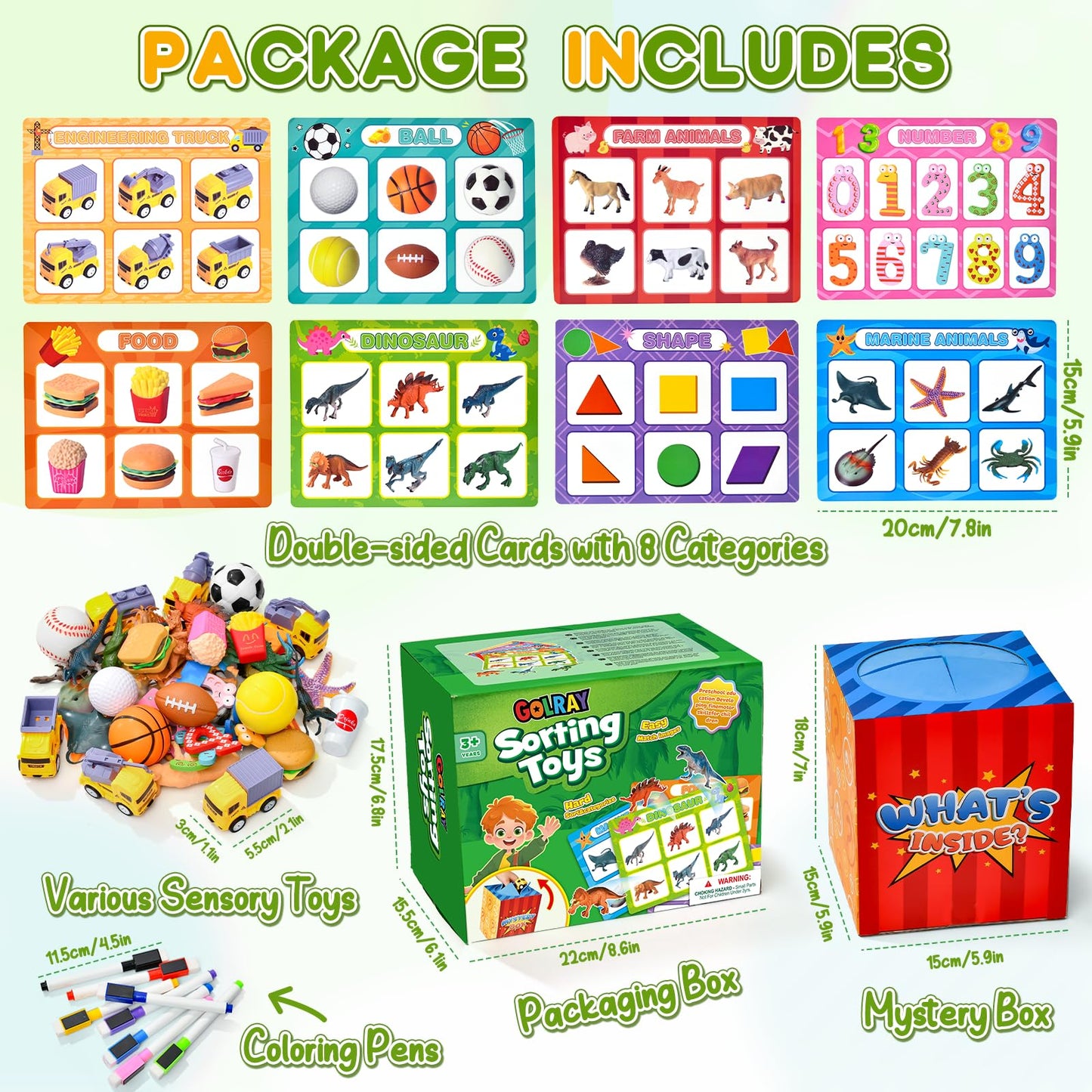 Golray Sorting Toys for Toddlers with Mystery Box – 8 Themes, 52 Pieces for Preschool Learning
