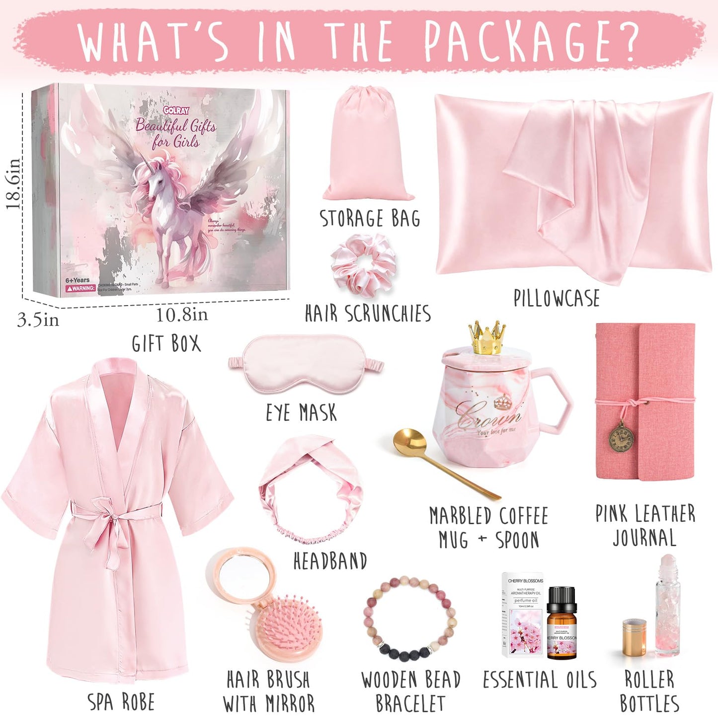 Golray 13-Piece Gift Set for Teens and Women – Satin Pillowcase, Spa Robe, Journal & Mug
