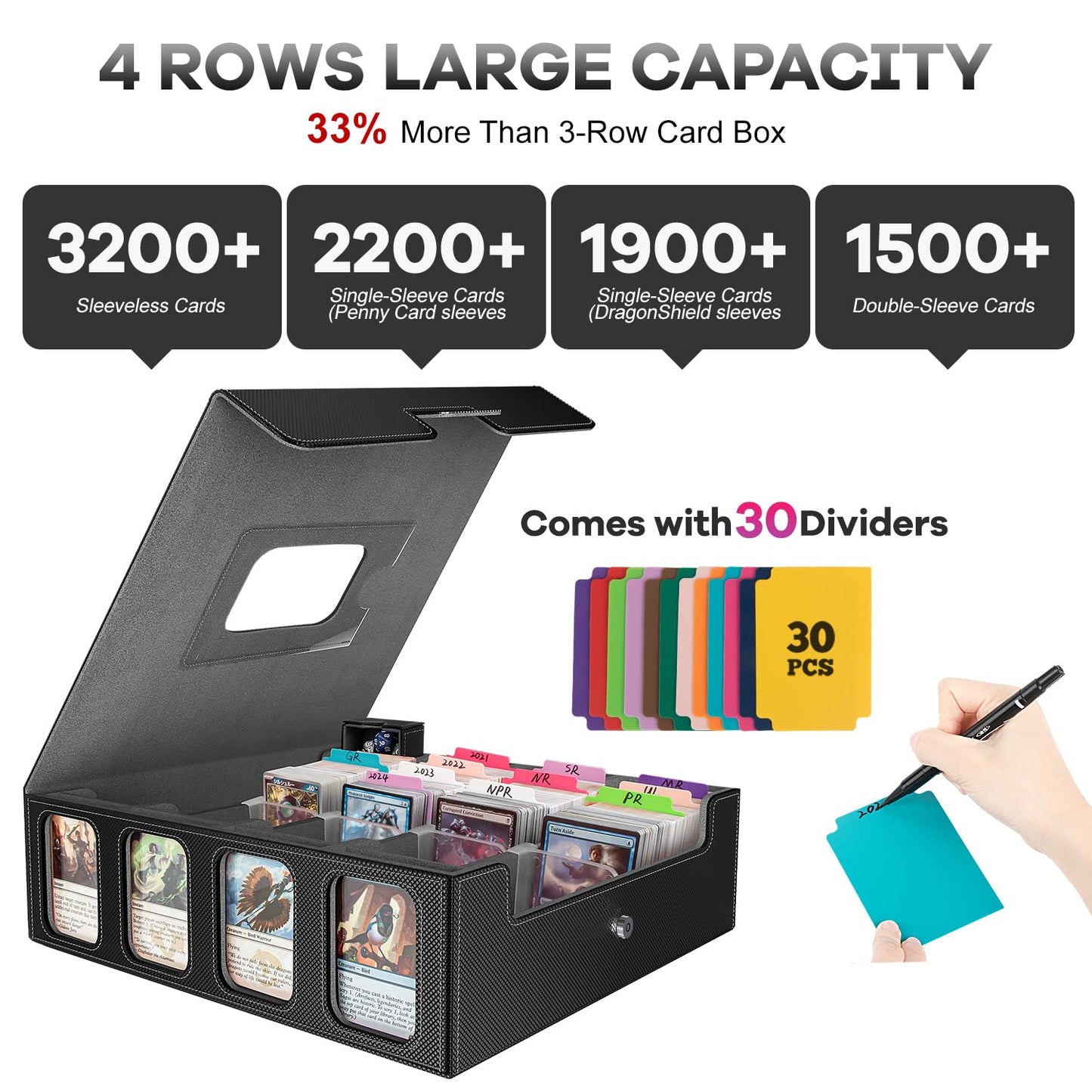 Gomyrod 3200+ Trading Card Storage Box with Commander Display - 4-Row Deck Box, Portable Handle
