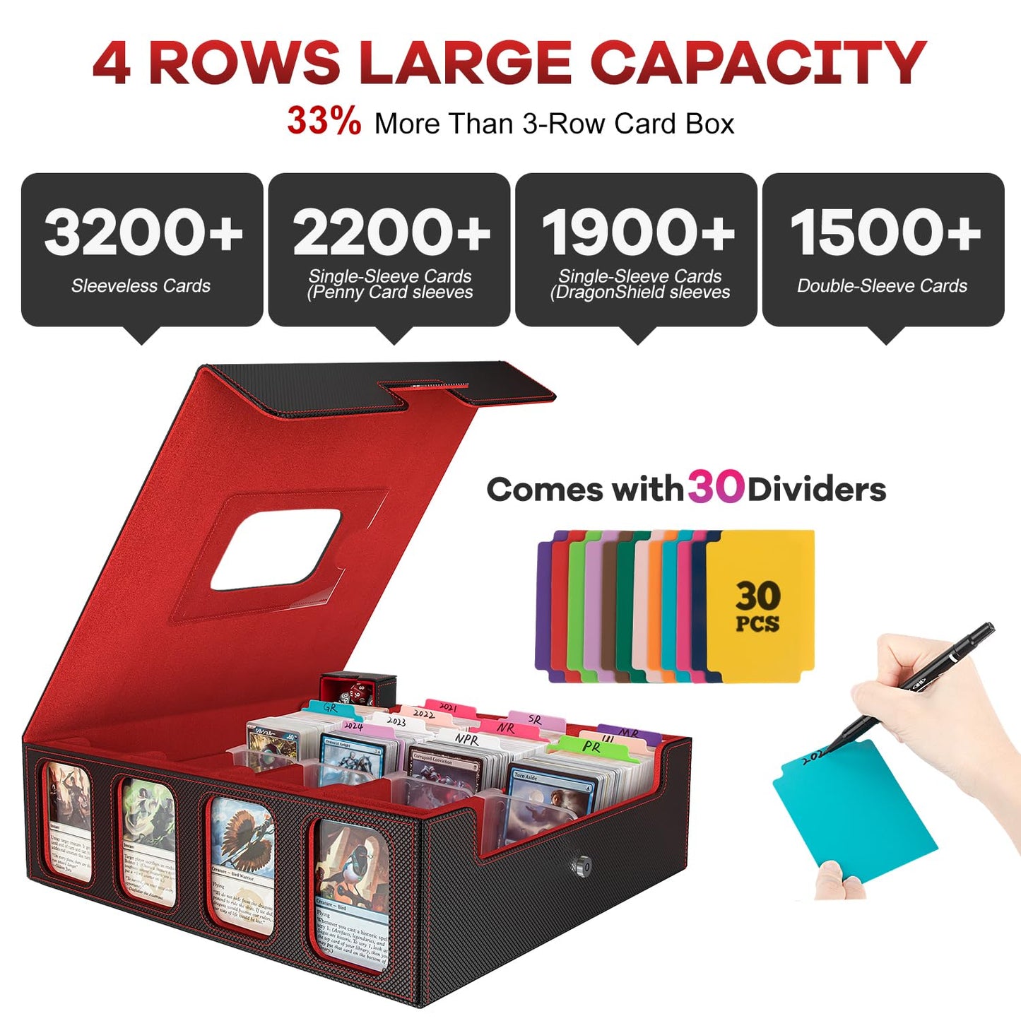 Gomyrod Card Storage Box 3200+ MTG Deck Box with 4 Rows, 30 Colorful Dividers, Portable Handle & Display Window