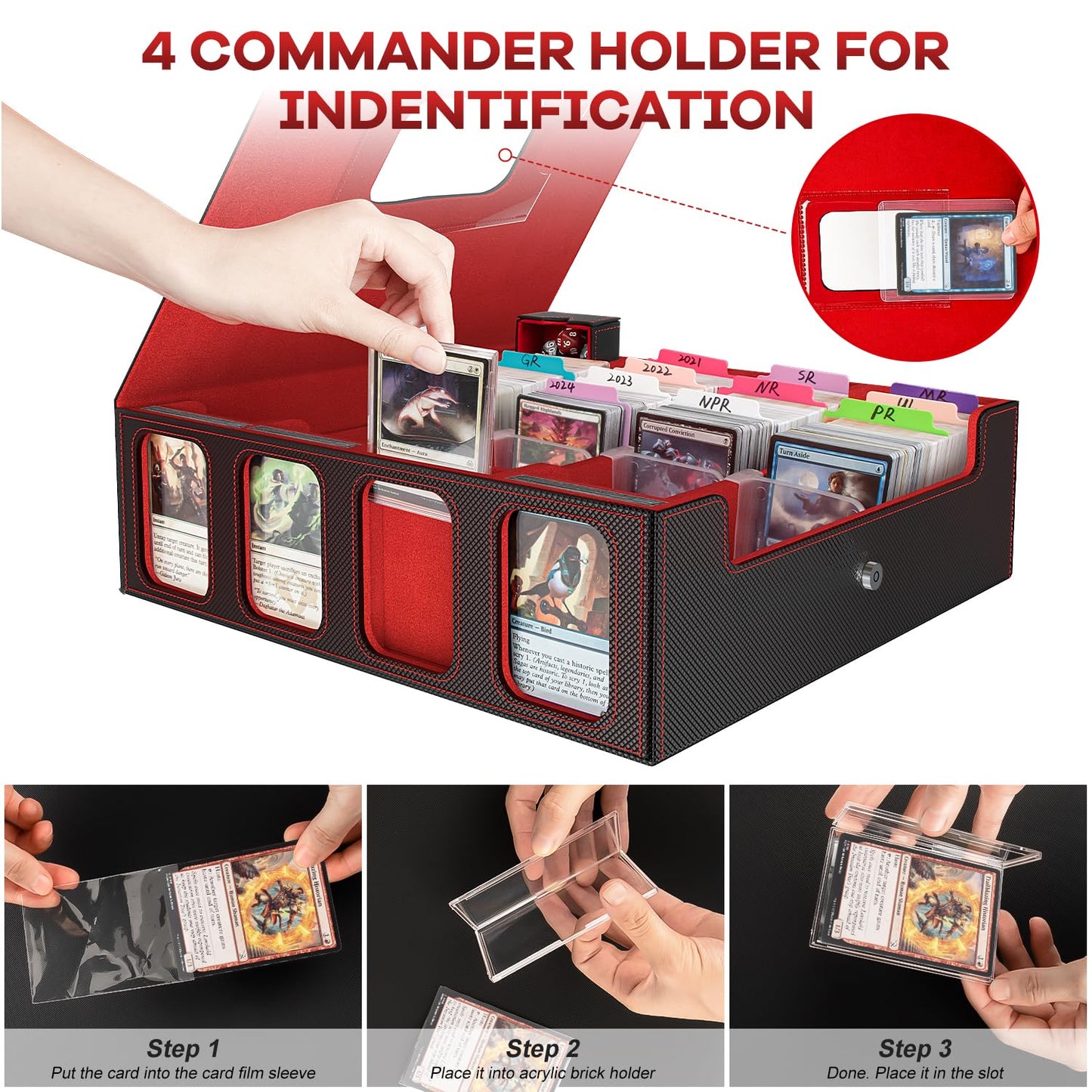 Gomyrod Card Storage Box 3200+ MTG Deck Box with 4 Rows, 30 Colorful Dividers, Portable Handle & Display Window
